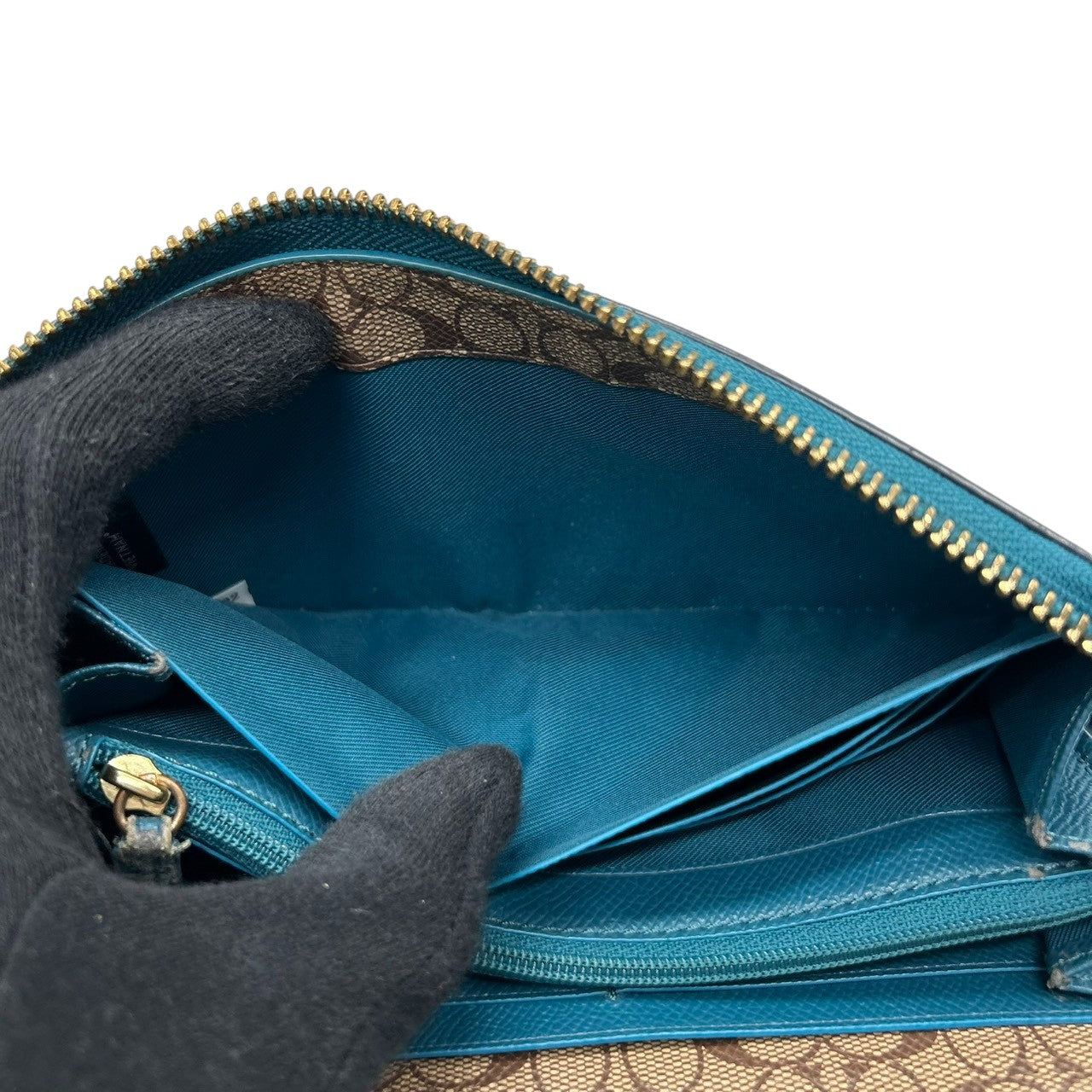 美品 コーチ COACH 長財布 アコーディオンジップ ラウンドファスナー F54007 レザー 本革 ブルー 青 ティール 馬車ロゴ ゴールド金具 大容量 多機能 レディース メンズ ユニセックス ウォレット プレゼント M4