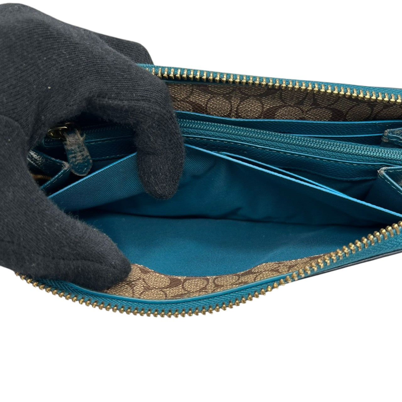 美品 コーチ COACH 長財布 アコーディオンジップ ラウンドファスナー F54007 レザー 本革 ブルー 青 ティール 馬車ロゴ ゴールド金具 大容量 多機能 レディース メンズ ユニセックス ウォレット プレゼント M4