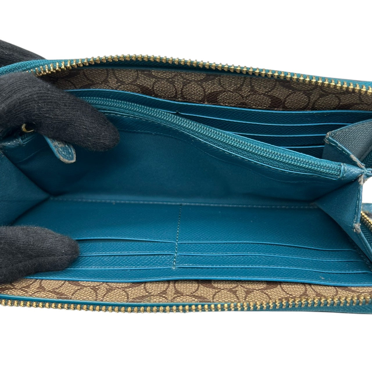 美品 コーチ COACH 長財布 アコーディオンジップ ラウンドファスナー F54007 レザー 本革 ブルー 青 ティール 馬車ロゴ ゴールド金具 大容量 多機能 レディース メンズ ユニセックス ウォレット プレゼント M4