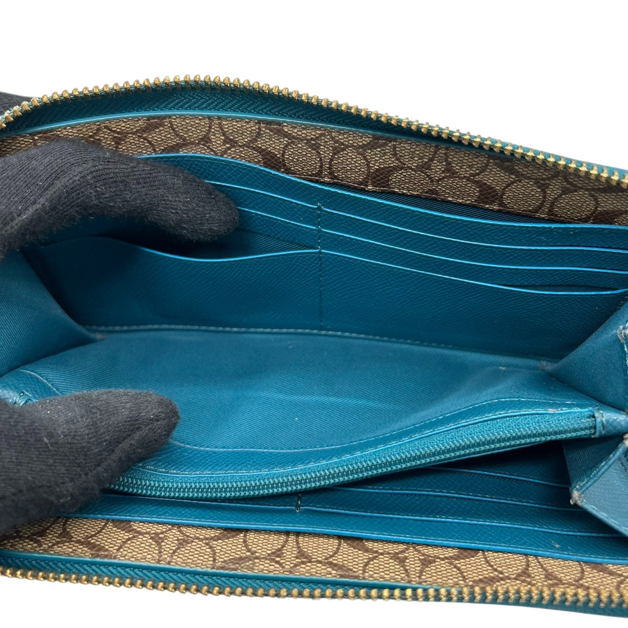 美品 コーチ COACH 長財布 アコーディオンジップ ラウンドファスナー F54007 レザー 本革 ブルー 青 ティール 馬車ロゴ ゴールド金具 大容量 多機能 レディース メンズ ユニセックス ウォレット プレゼント M4