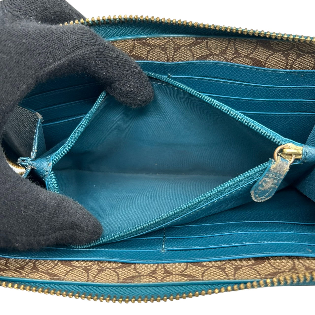 美品 コーチ COACH 長財布 アコーディオンジップ ラウンドファスナー F54007 レザー 本革 ブルー 青 ティール 馬車ロゴ ゴールド金具 大容量 多機能 レディース メンズ ユニセックス ウォレット プレゼント M4