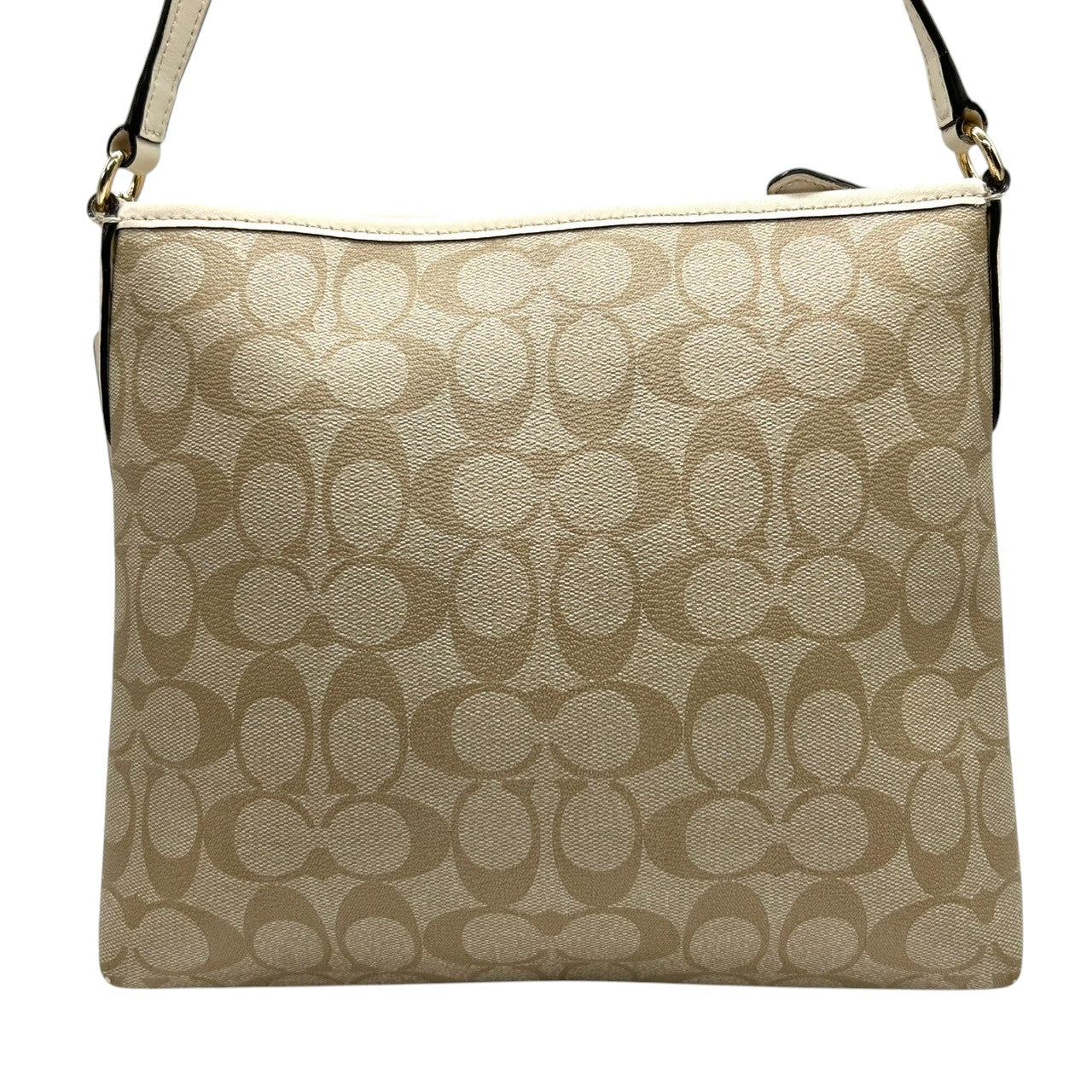 美品 コーチ COACH ショルダーバッグ 斜め掛け可 ファイルバッグ シグネチャー F29210 PVC レザー 本革 ベージュ ホワイト アイボリー 馬車ロゴ ゴールド金具 軽量 薄型 レディース カジュアル 旅行 サブバッグ 鞄 カバン U8