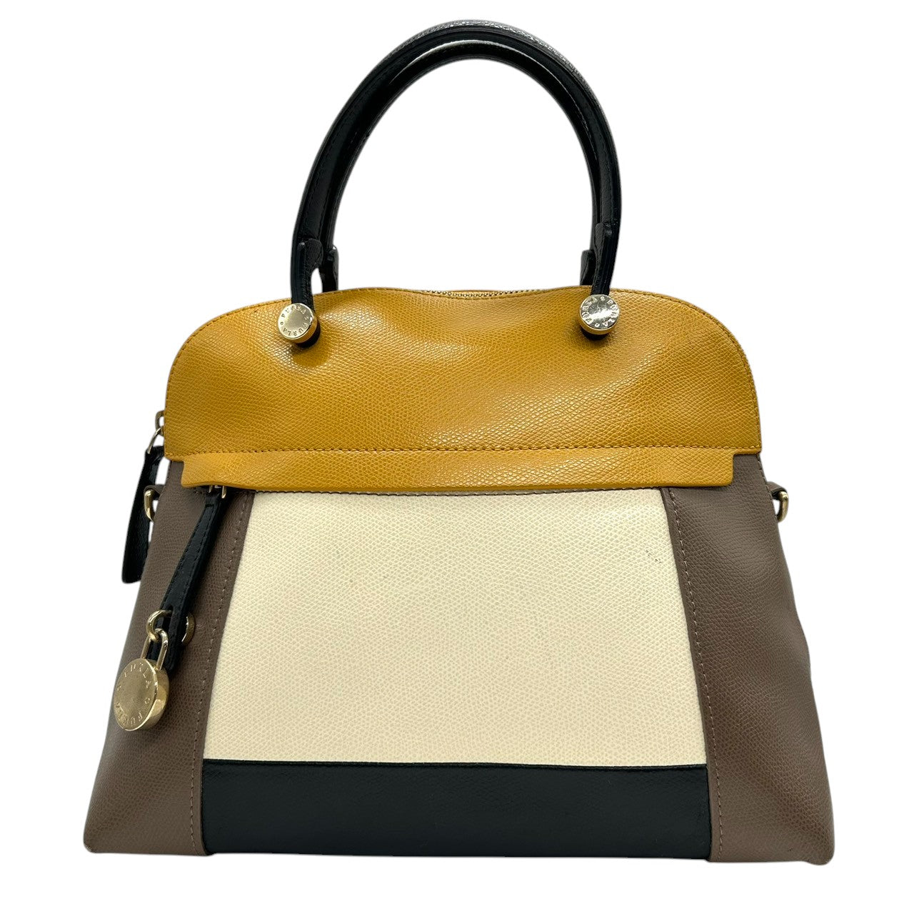 フルラ FURLA 2WAY ハンドバッグ ショルダーバッグ 斜め掛け レザー 本革 カラーブロック マルチカラー イエロー アイボリー ブラック ブラウン パドロック チャーム ゴールド金具 イタリア製 レディース 鞄 カバン レア 希少 デザイン s98