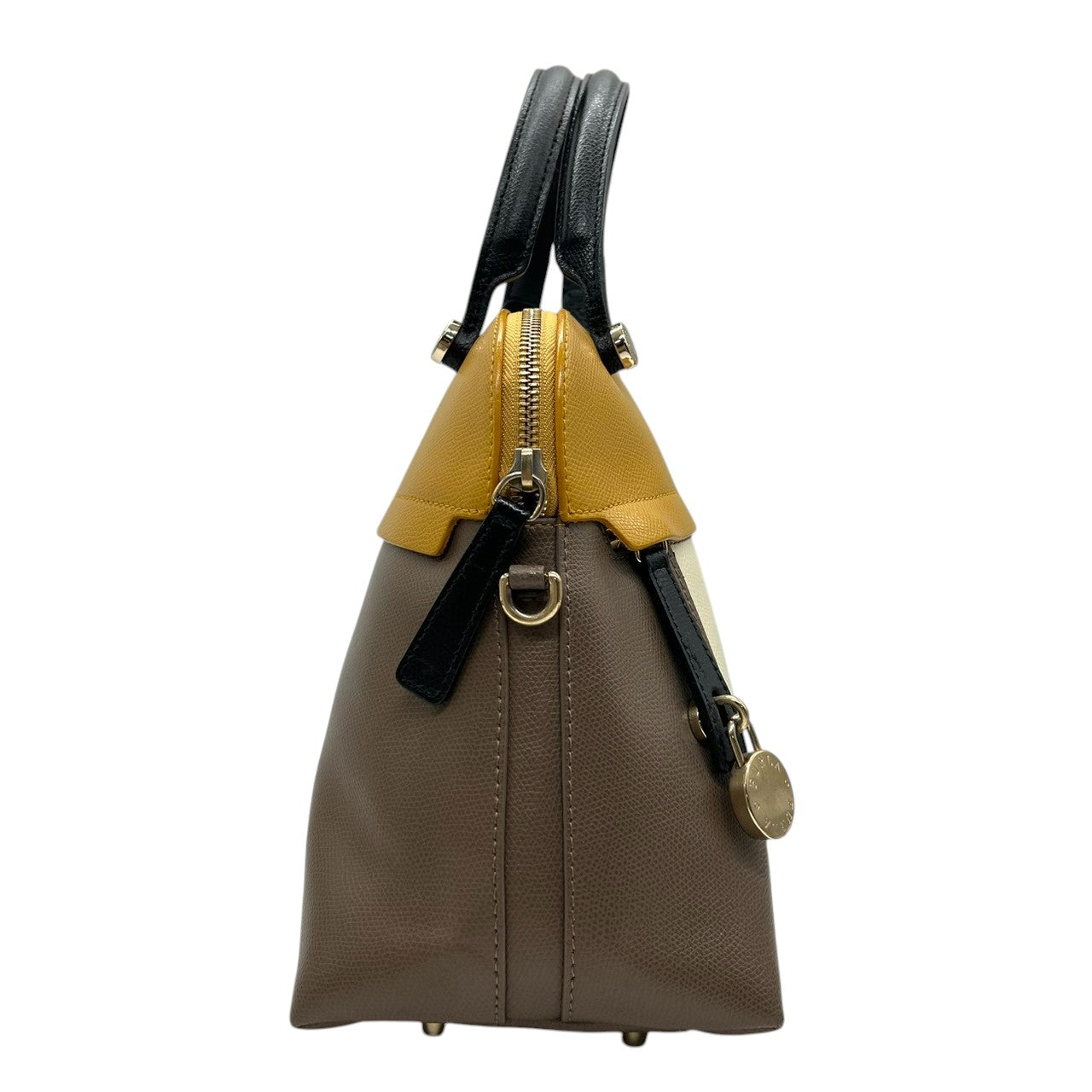 フルラ FURLA 2WAY ハンドバッグ ショルダーバッグ 斜め掛け レザー 本革 カラーブロック マルチカラー イエロー アイボリー ブラック ブラウン パドロック チャーム ゴールド金具 イタリア製 レディース 鞄 カバン レア 希少 デザイン s98