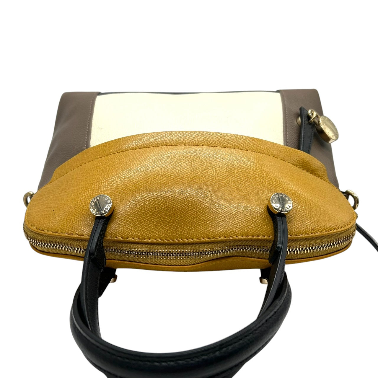 フルラ FURLA 2WAY ハンドバッグ ショルダーバッグ 斜め掛け レザー 本革 カラーブロック マルチカラー イエロー アイボリー ブラック ブラウン パドロック チャーム ゴールド金具 イタリア製 レディース 鞄 カバン レア 希少 デザイン s98