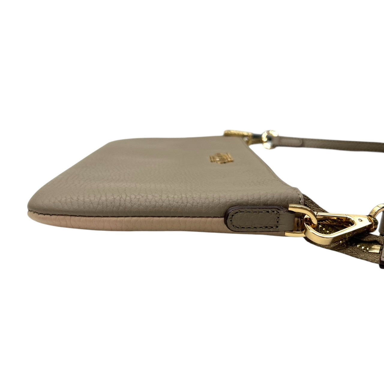 【美品】ココセリュックスゴールド COCOCELUX GOLD ハンドバッグ アクセサリーポーチ クラッチバッグ レザー 本革 シュリンクレザー グレージュ ベージュ ゴールド金具 ロゴ エレガント ラグジュアリー パーティー お出かけ レディース 鞄 s99