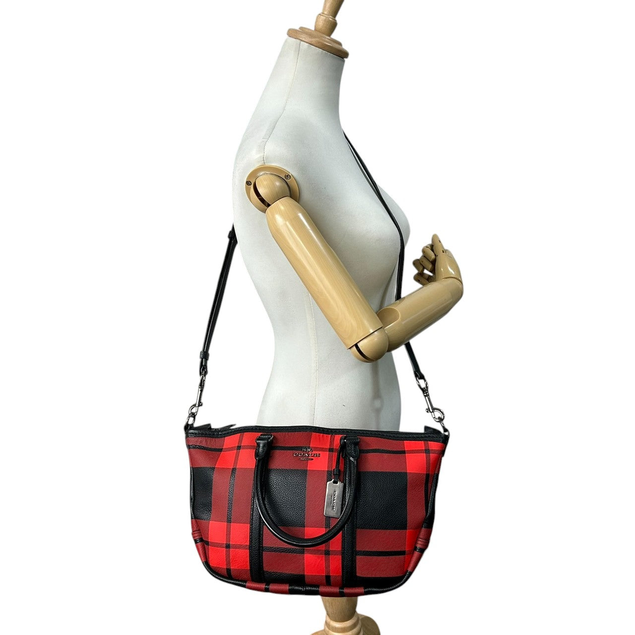 【美品】コーチ COACH 2WAY ハンドバッグ ショルダーバッグ 斜め掛け可 自立可 バッファローチェック チェック柄 レッド ブラック 赤 黒 レザー 本革 36114 カジュアル エレガント クラシック ビンテージ 上品 鞄 カバン レディース U1