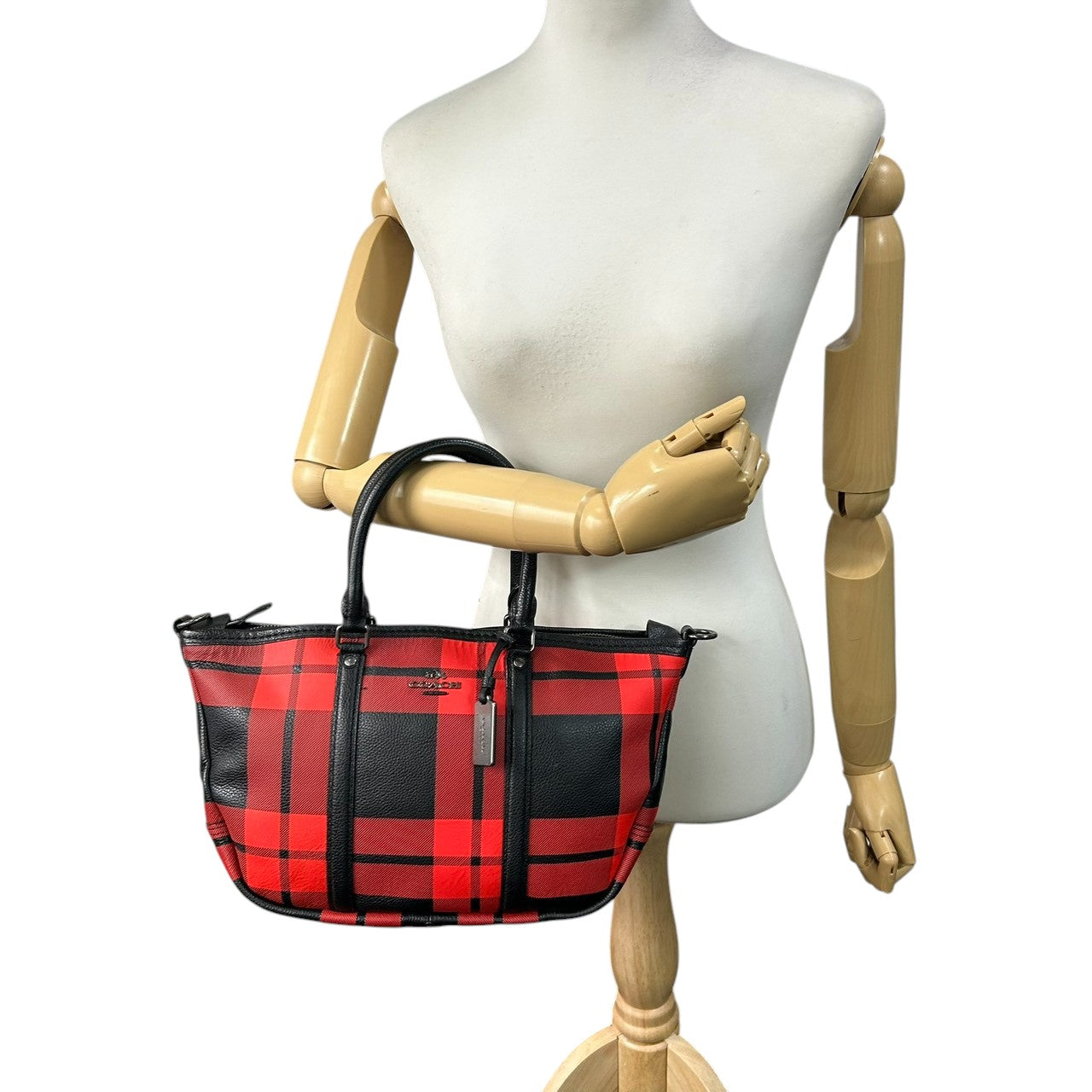 【美品】コーチ COACH 2WAY ハンドバッグ ショルダーバッグ 斜め掛け可 自立可 バッファローチェック チェック柄 レッド ブラック 赤 黒 レザー 本革 36114 カジュアル エレガント クラシック ビンテージ 上品 鞄 カバン レディース U1