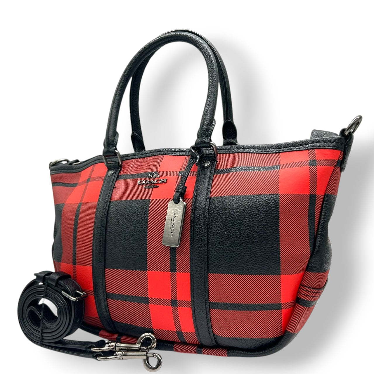 【美品】コーチ COACH 2WAY ハンドバッグ ショルダーバッグ 斜め掛け可 自立可 バッファローチェック チェック柄 レッド ブラック 赤 黒 レザー 本革 36114 カジュアル エレガント クラシック ビンテージ 上品 鞄 カバン レディース U1