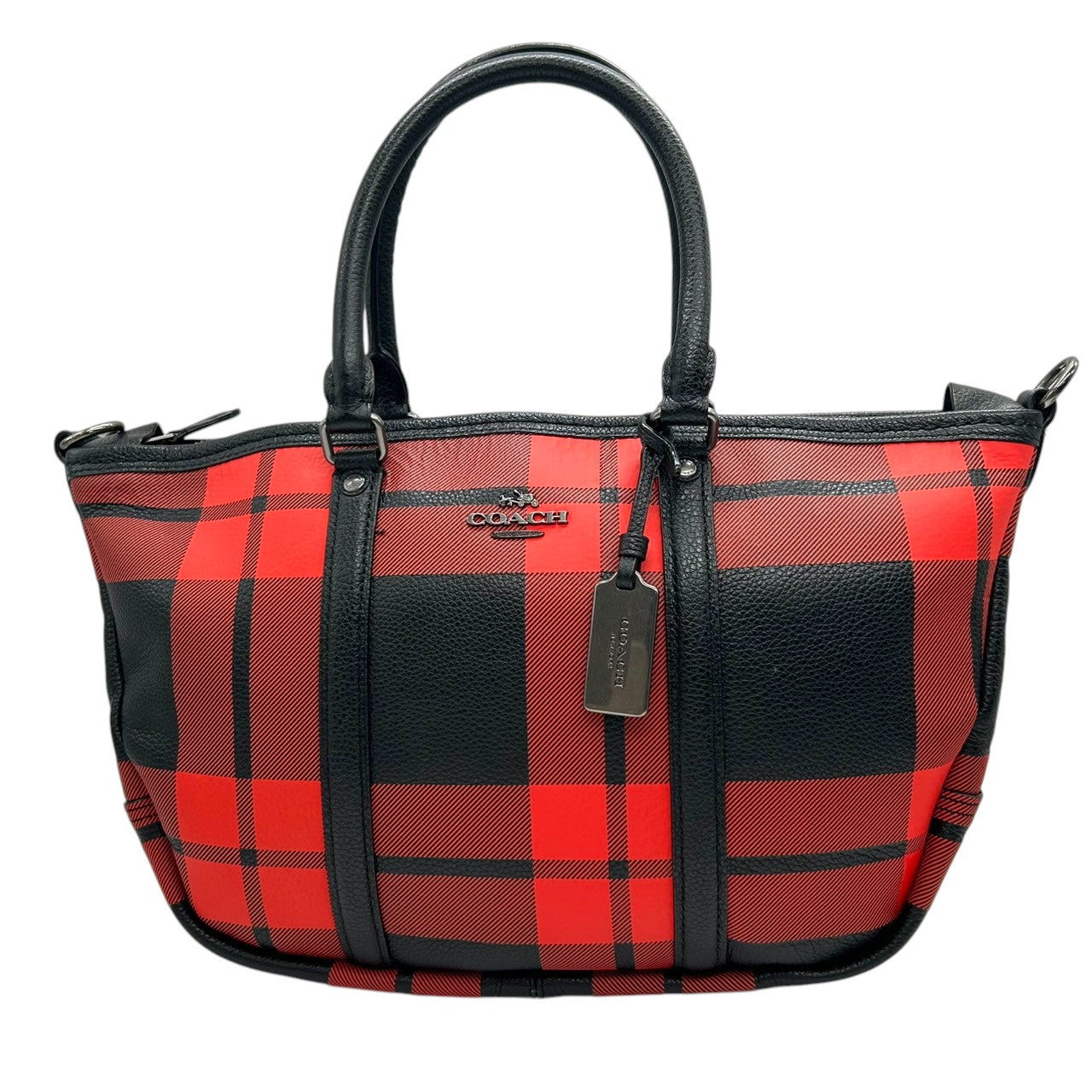 【美品】コーチ COACH 2WAY ハンドバッグ ショルダーバッグ 斜め掛け可 自立可 バッファローチェック チェック柄 レッド ブラック 赤 黒 レザー 本革 36114 カジュアル エレガント クラシック ビンテージ 上品 鞄 カバン レディース U1