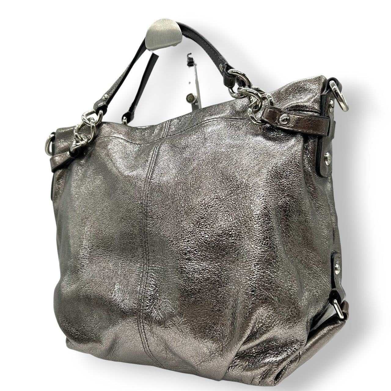 【美品】コーチ COACH アシュレイ メタリック レザー ホーボー ハンドバッグ 手提げ シルバー 銀 ガンメタル チェーン ギャザー ドレープ 本革 パーティー お出かけ ラグジュアリー エレガント レディース 鞄 カバン F17165 H1176 U3