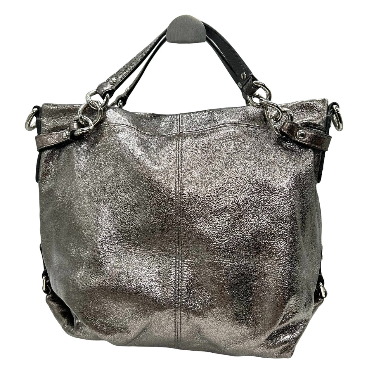 【美品】コーチ COACH アシュレイ メタリック レザー ホーボー ハンドバッグ 手提げ シルバー 銀 ガンメタル チェーン ギャザー ドレープ 本革 パーティー お出かけ ラグジュアリー エレガント レディース 鞄 カバン F17165 H1176 U3