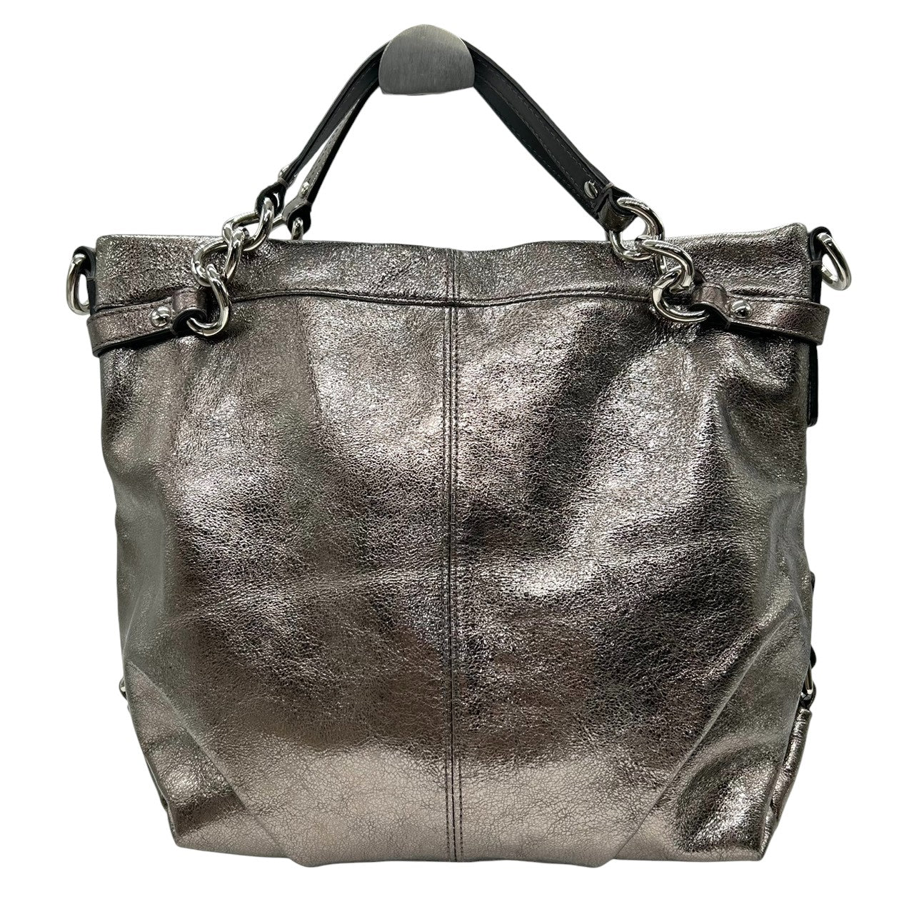 【美品】コーチ COACH アシュレイ メタリック レザー ホーボー ハンドバッグ 手提げ シルバー 銀 ガンメタル チェーン ギャザー ドレープ 本革 パーティー お出かけ ラグジュアリー エレガント レディース 鞄 カバン F17165 H1176 U3