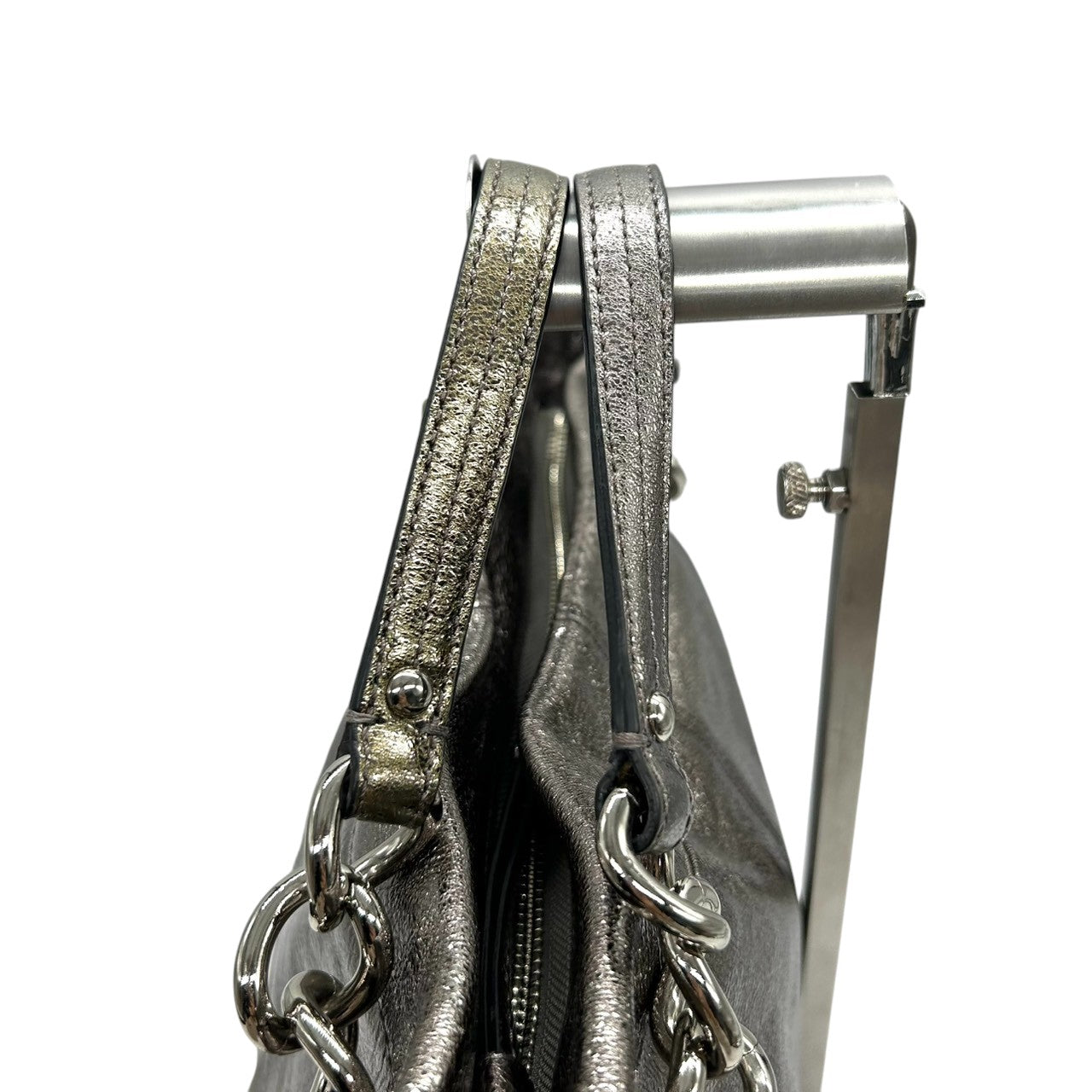【美品】コーチ COACH アシュレイ メタリック レザー ホーボー ハンドバッグ 手提げ シルバー 銀 ガンメタル チェーン ギャザー ドレープ 本革 パーティー お出かけ ラグジュアリー エレガント レディース 鞄 カバン F17165 H1176 U3