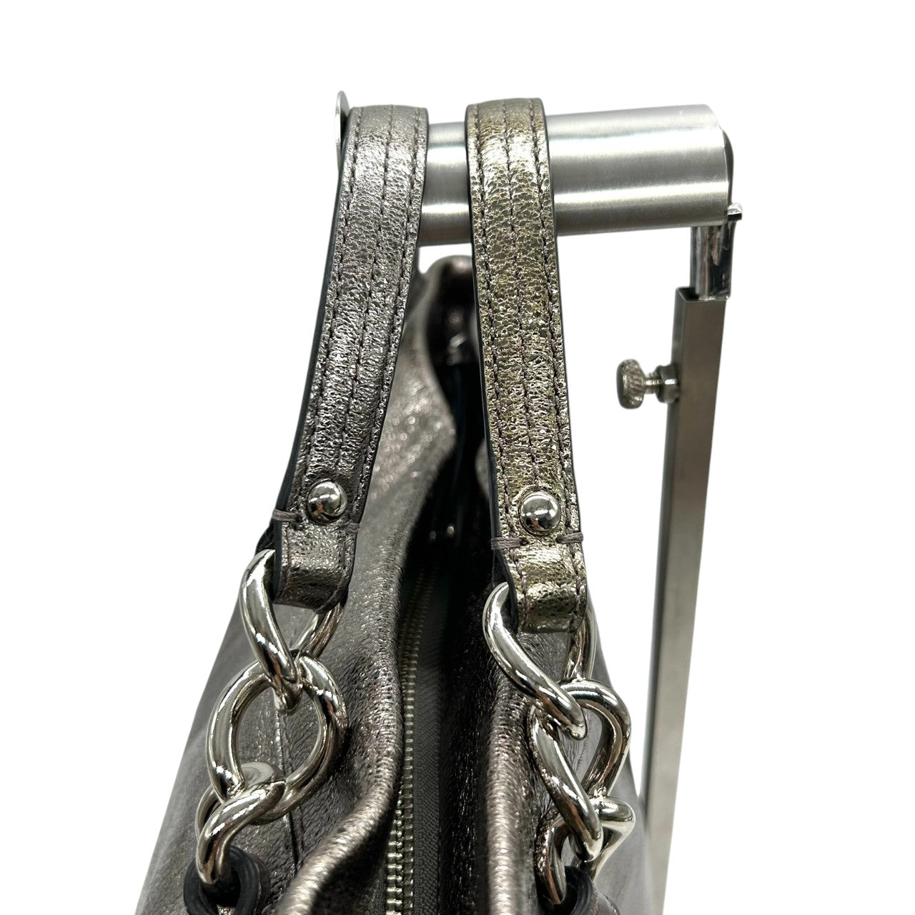 【美品】コーチ COACH アシュレイ メタリック レザー ホーボー ハンドバッグ 手提げ シルバー 銀 ガンメタル チェーン ギャザー ドレープ 本革 パーティー お出かけ ラグジュアリー エレガント レディース 鞄 カバン F17165 H1176 U3