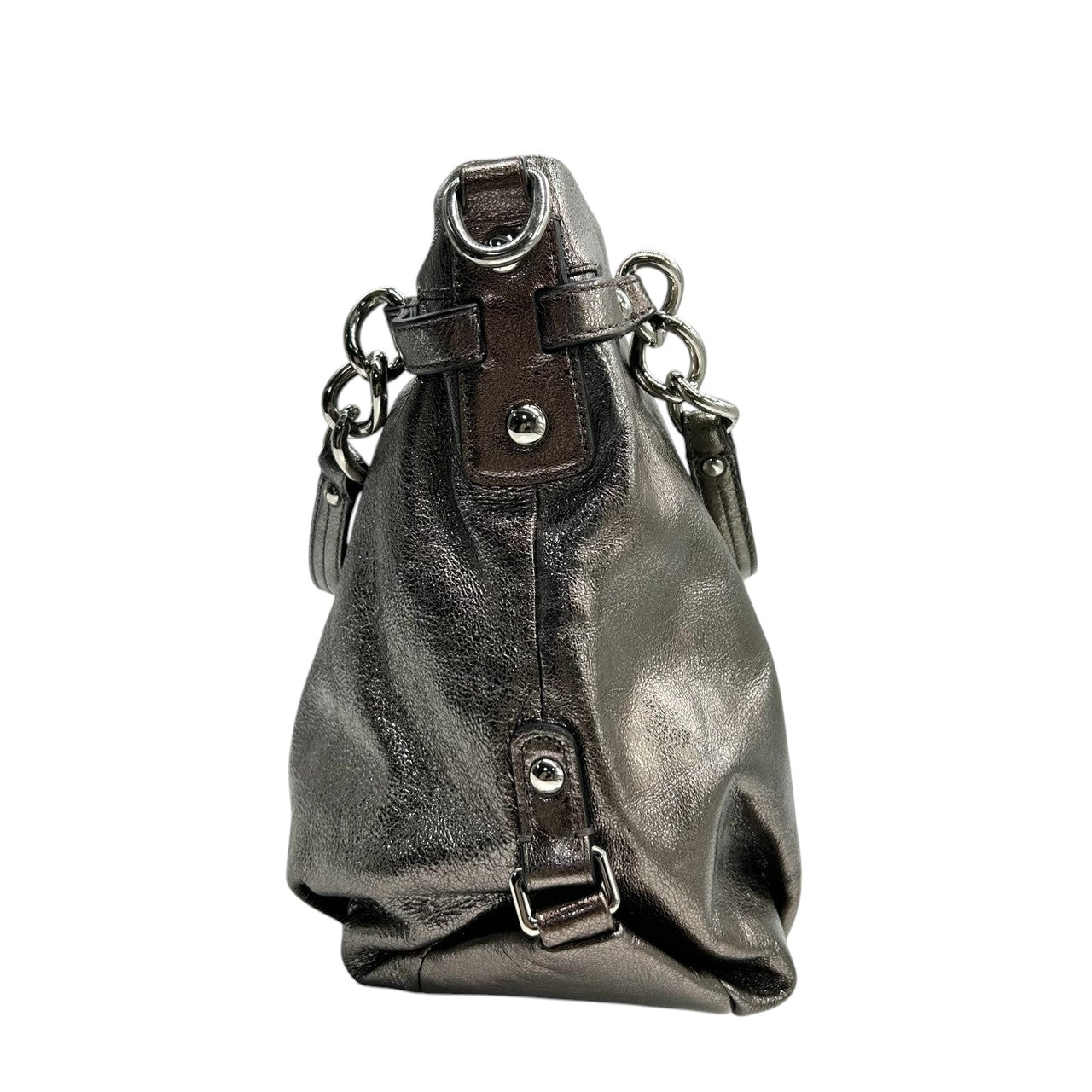 【美品】コーチ COACH アシュレイ メタリック レザー ホーボー ハンドバッグ 手提げ シルバー 銀 ガンメタル チェーン ギャザー ドレープ 本革 パーティー お出かけ ラグジュアリー エレガント レディース 鞄 カバン F17165 H1176 U3