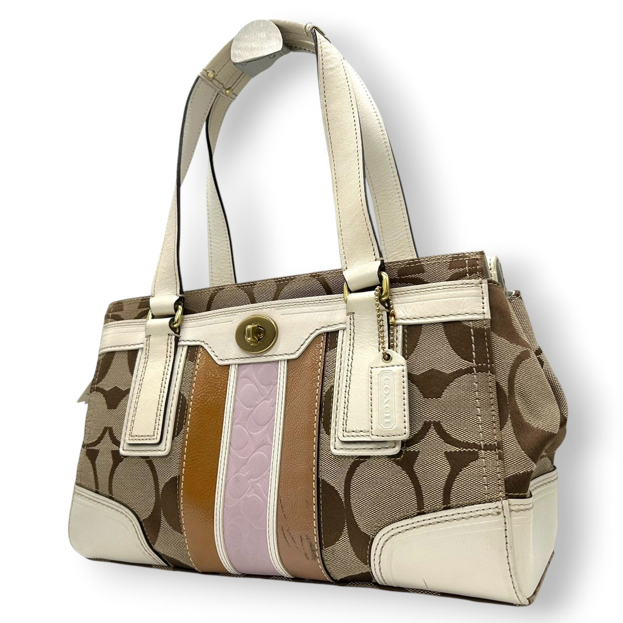 コーチ COACH ハンプトンズ シグネチャー ストライプ ハンドバッグ トートバッグ ターンロック キャンバス レザー ホワイト 白 ベージュ ブラウン ピンク マルチカラー レディース カジュアル お出かけ 普段使い 鞄 カバン 11620 U3