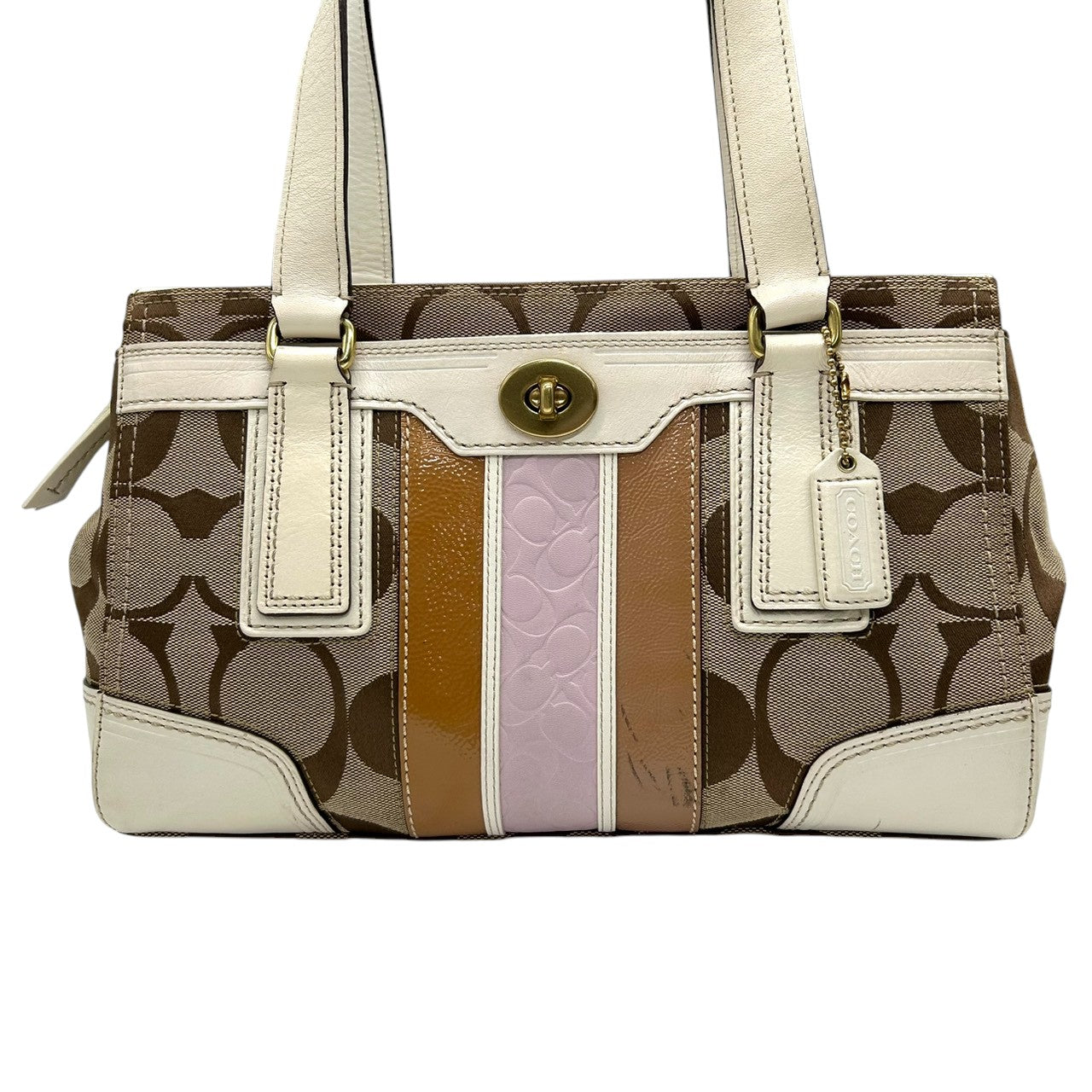 コーチ COACH ハンプトンズ シグネチャー ストライプ ハンドバッグ トートバッグ ターンロック キャンバス レザー ホワイト 白 ベージュ ブラウン ピンク マルチカラー レディース カジュアル お出かけ 普段使い 鞄 カバン 11620 U3