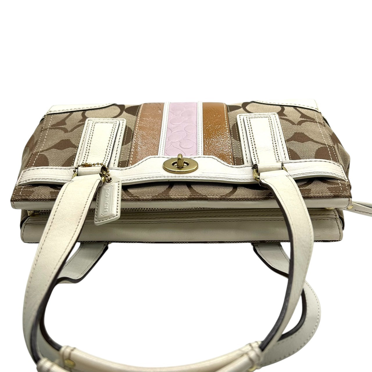コーチ COACH ハンプトンズ シグネチャー ストライプ ハンドバッグ トートバッグ ターンロック キャンバス レザー ホワイト 白 ベージュ ブラウン ピンク マルチカラー レディース カジュアル お出かけ 普段使い 鞄 カバン 11620 U3