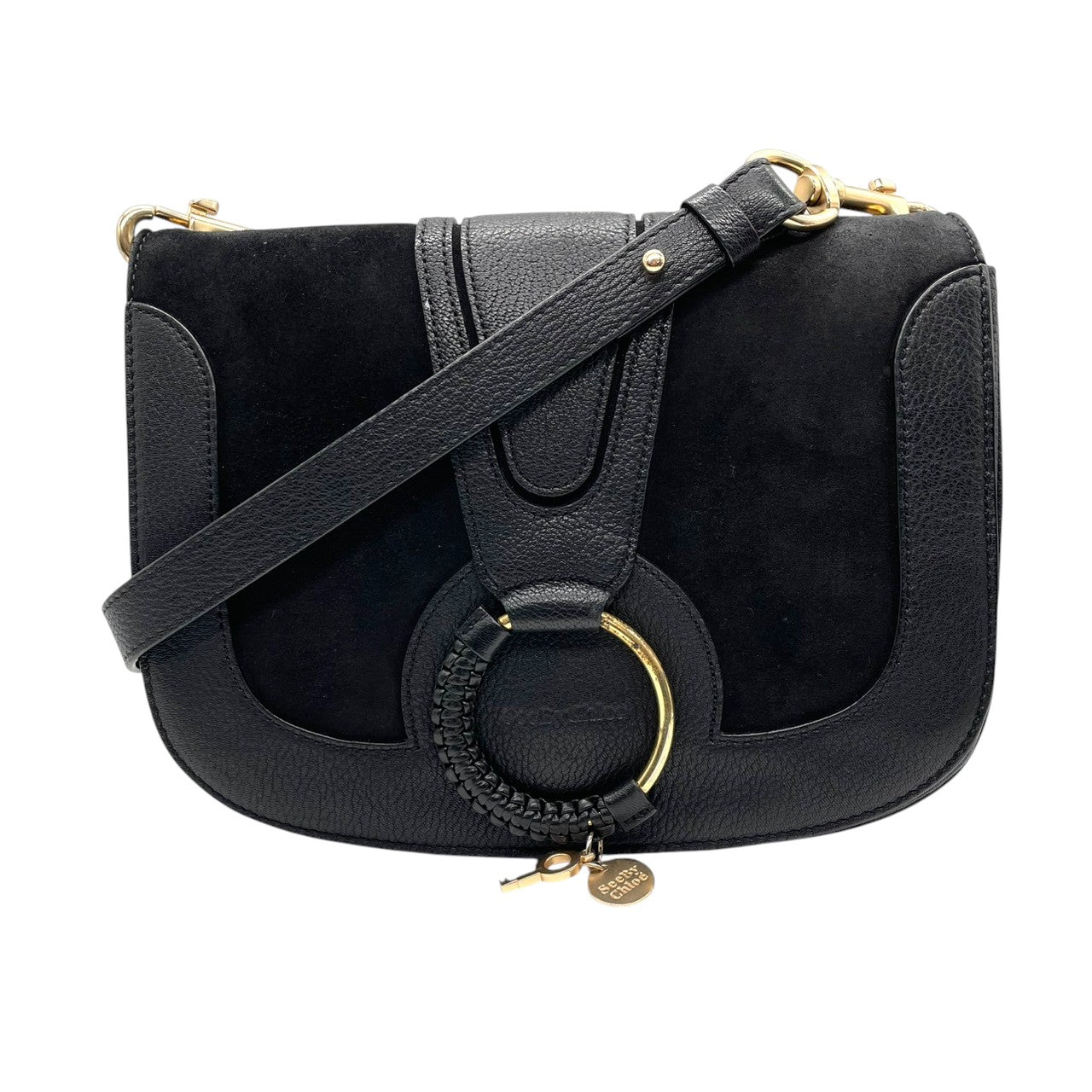 【美品】シーバイクロエ See By Chloe HANA ハナ ショルダーバッグ 斜め掛け ポシェット スエード レザー 異素材 ブラック 黒 ゴールド金具 リング 編み込み チャーム アコーディオン レディース 鞄 カバン K6