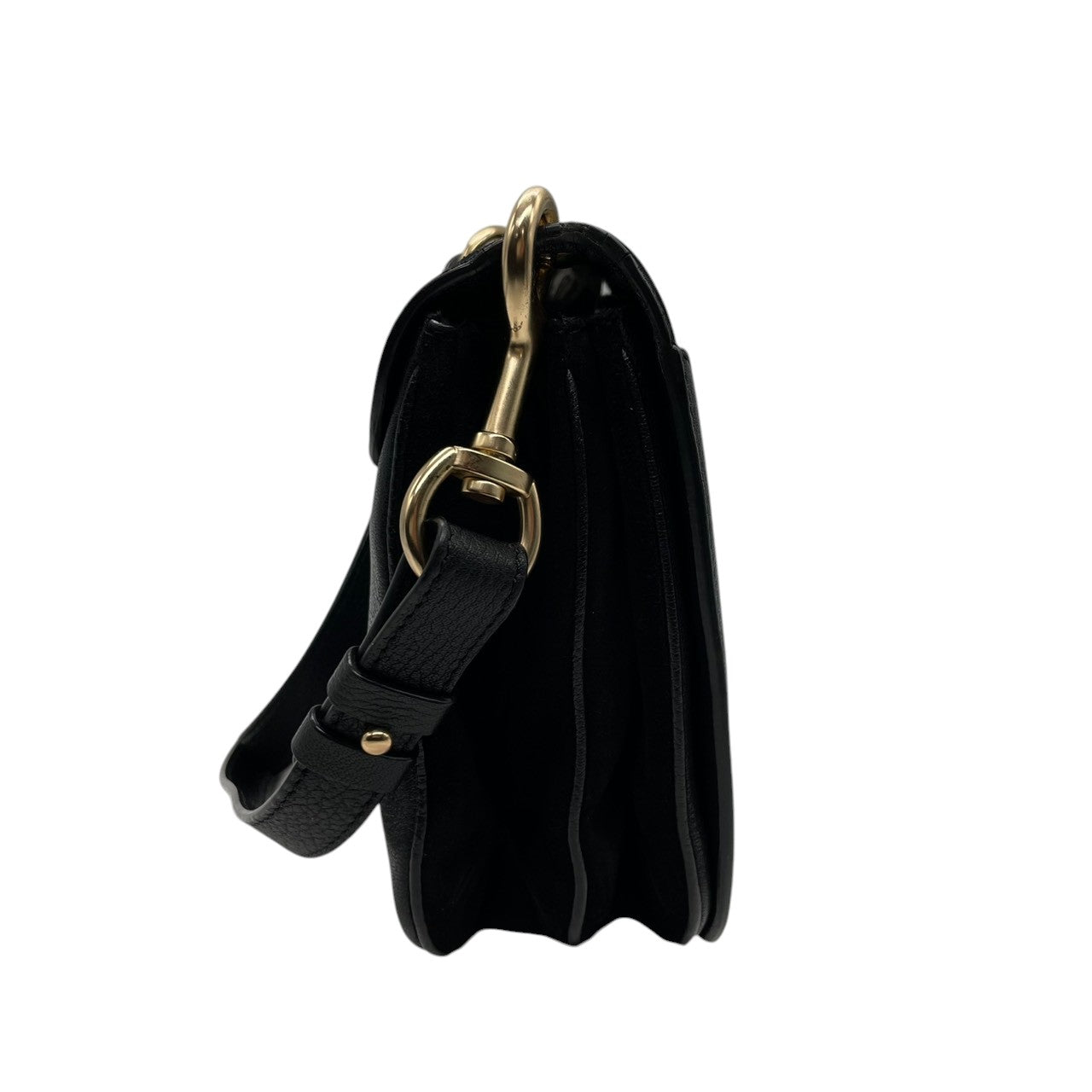 【美品】シーバイクロエ See By Chloe HANA ハナ ショルダーバッグ 斜め掛け ポシェット スエード レザー 異素材 ブラック 黒 ゴールド金具 リング 編み込み チャーム アコーディオン レディース 鞄 カバン K6