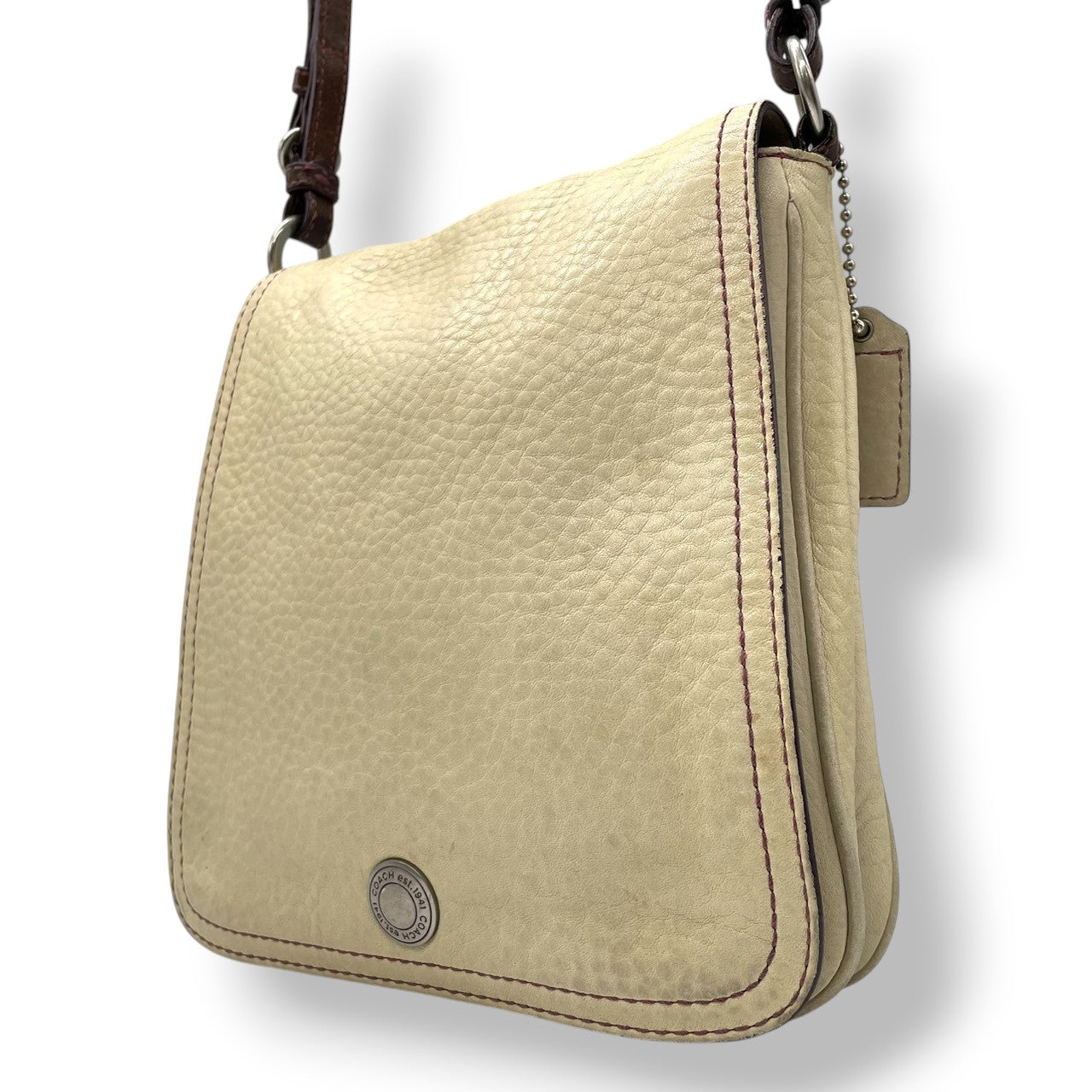 【良品】コーチ COACH シボ革 レザー ショルダーバッグ 斜め掛け クロスボディ アイボリー パープル ステッチ 本革 9382 ビンテージ クラシック レトロ カジュアル デイリー レディース 鞄 カバン U12