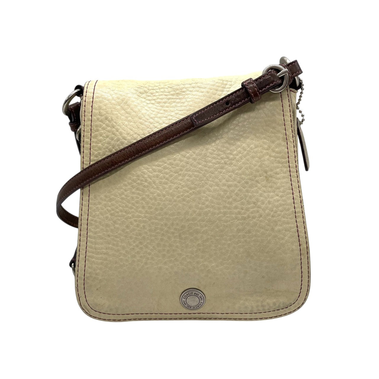 【良品】コーチ COACH シボ革 レザー ショルダーバッグ 斜め掛け クロスボディ アイボリー パープル ステッチ 本革 9382 ビンテージ クラシック レトロ カジュアル デイリー レディース 鞄 カバン U12