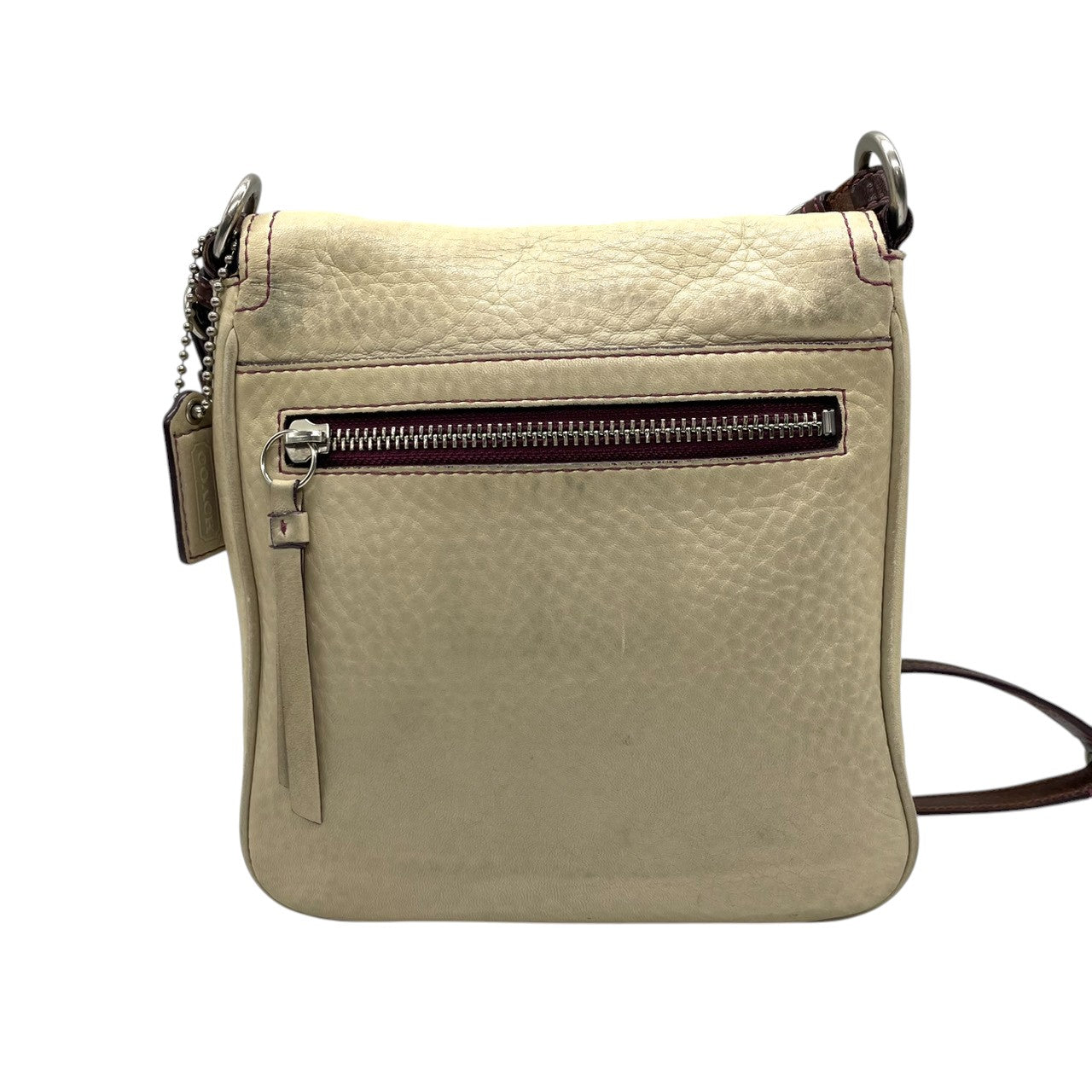 【良品】コーチ COACH シボ革 レザー ショルダーバッグ 斜め掛け クロスボディ アイボリー パープル ステッチ 本革 9382 ビンテージ クラシック レトロ カジュアル デイリー レディース 鞄 カバン U12