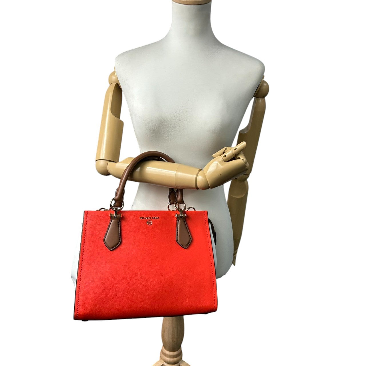 【未使用級】マイケルコース Michael Kors ハンドバッグ ショルダーバッグ 2WAY 斜め掛け PVC レザー バイカラー レッド 赤 ホワイト 白 ブラウン 茶色 ゴールド金具 自立可 レディース 鞄 カバン サッチェル トリコロール s7