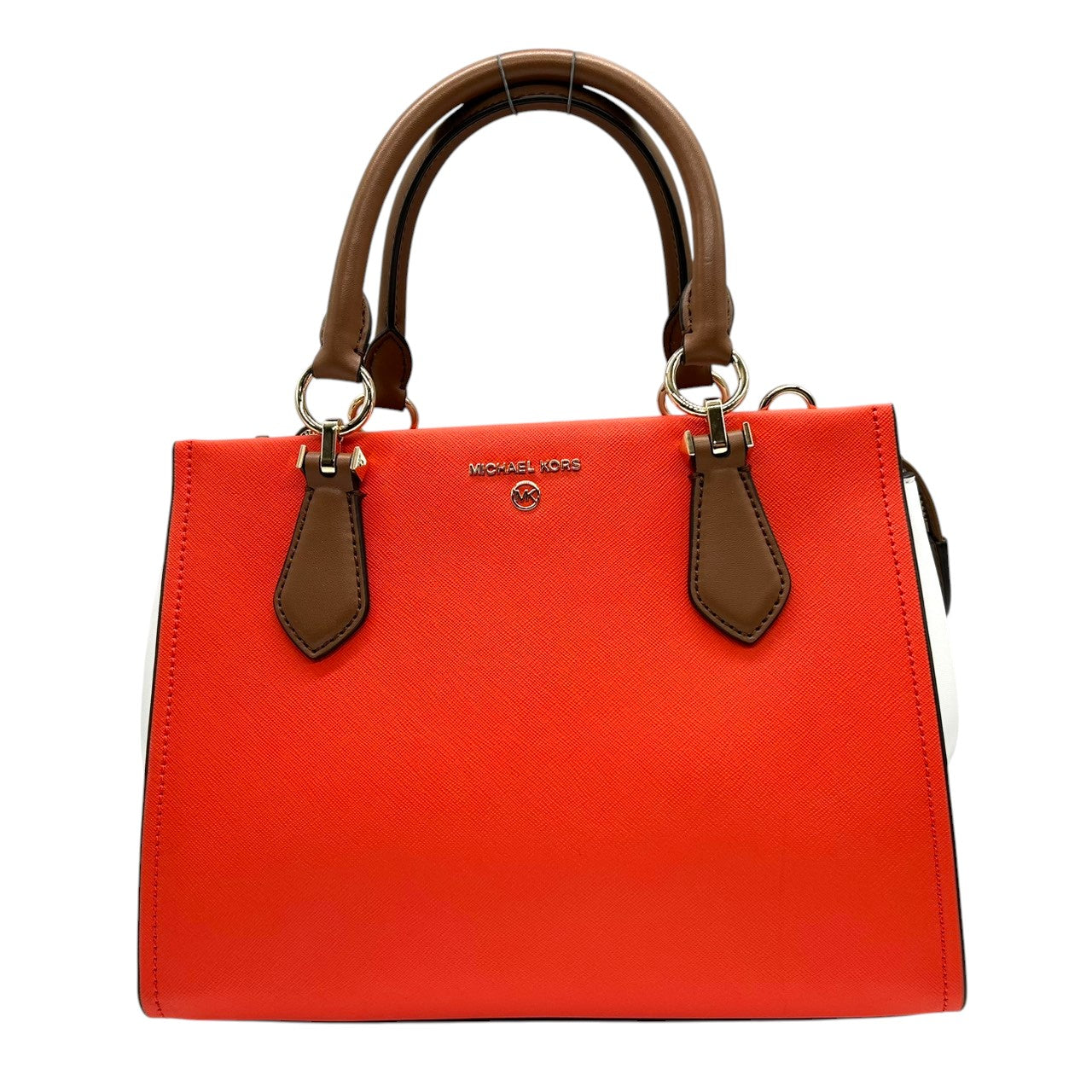 【未使用級】マイケルコース Michael Kors ハンドバッグ ショルダーバッグ 2WAY 斜め掛け PVC レザー バイカラー レッド 赤 ホワイト 白 ブラウン 茶色 ゴールド金具 自立可 レディース 鞄 カバン サッチェル トリコロール s7