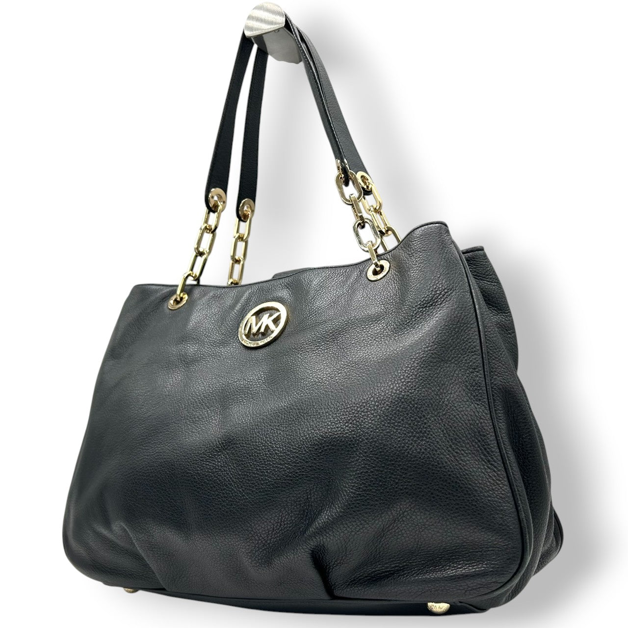 【美品】マイケルコース Michael Kors トートバッグ ショルダーバッグ 肩掛け チェーン レザー 本革 ブラック 黒 ゴールド金具 MKロゴ サークルロゴ A4収納可 大容量 エレガント 通勤 通学 ビジネス レディース 鞄 カバン s3