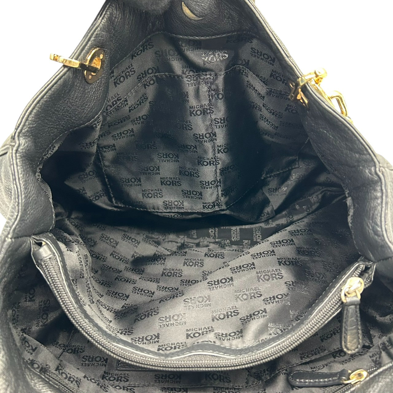 【美品】マイケルコース Michael Kors トートバッグ ショルダーバッグ 肩掛け チェーン レザー 本革 ブラック 黒 ゴールド金具 MKロゴ サークルロゴ A4収納可 大容量 エレガント 通勤 通学 ビジネス レディース 鞄 カバン s3