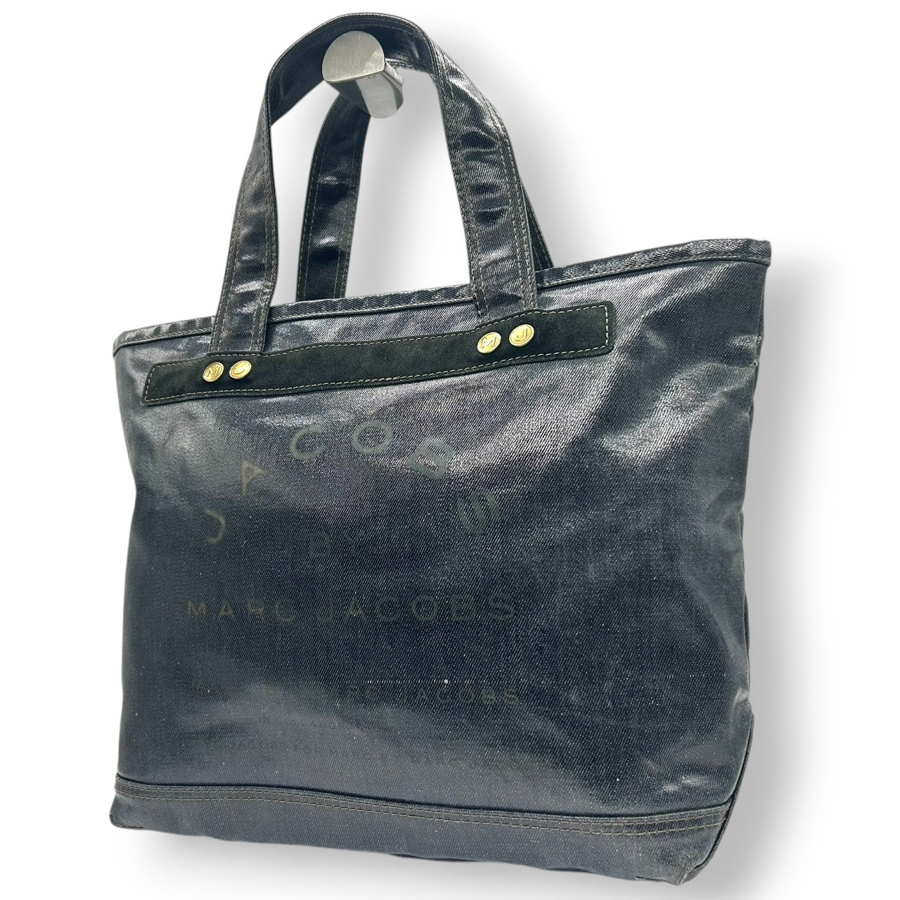 【良品】マークジェイコブス MARC JACOBS トートバッグ ワンショルダー PVC スエード ネイビー 紺 デニム調 スタッズ A4収納可 大容量 軽量 カジュアル 通学 通勤 レディース メンズ ユニセックス 鞄 カバン s8