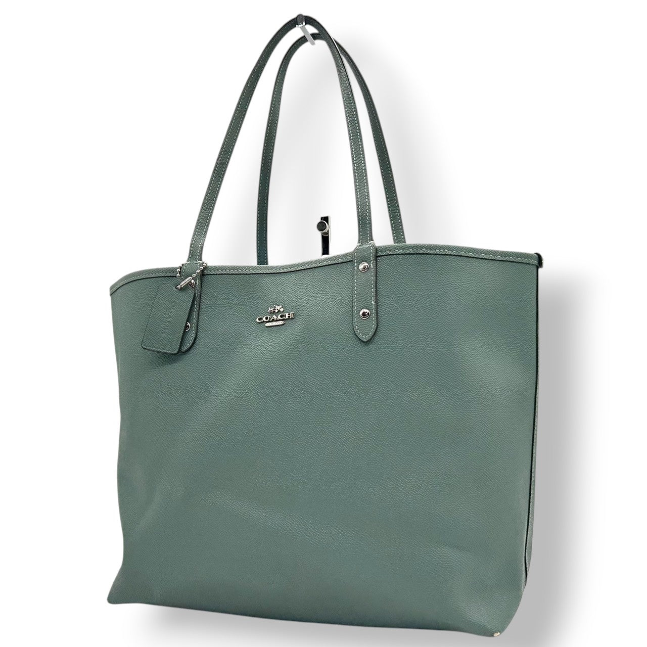 【良品】コーチ COACH シティ トートバッグ ショルダーバッグ 肩掛け リバーシブル PVC レザー シグネチャー グリーン 緑 ミント A4収納可 大容量 軽量 通勤 通学 ビジネス レディース 鞄 カバン s8