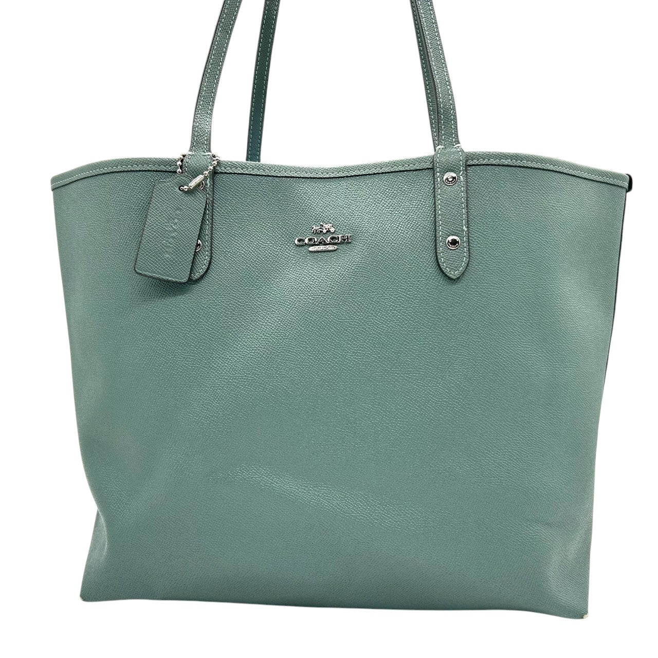 【良品】コーチ COACH シティ トートバッグ ショルダーバッグ 肩掛け リバーシブル PVC レザー シグネチャー グリーン 緑 ミント A4収納可 大容量 軽量 通勤 通学 ビジネス レディース 鞄 カバン s8