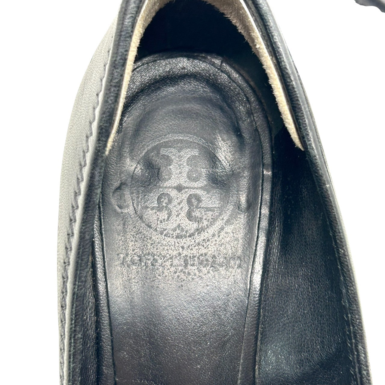 【良品】トリーバーチ Tory Burch パンプス ウェッジソール ウェッジヒール レザー 本革 ブラック 黒 ゴールド金具 ロゴプレート 6M 23cm ギャザー 通勤 歩きやすい レディース 婦人靴 シューズ CT1