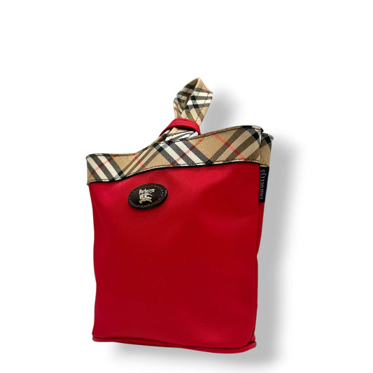 【未使用級】バーバリー BURBERRY ハンドバッグ ミニバッグ ポーチ ナイロン レザー ノバチェック レッド 赤 軽量 コンパクト コスメポーチ アクセサリーポーチ 小物入れ レディース 鞄 カバン パーティー s10