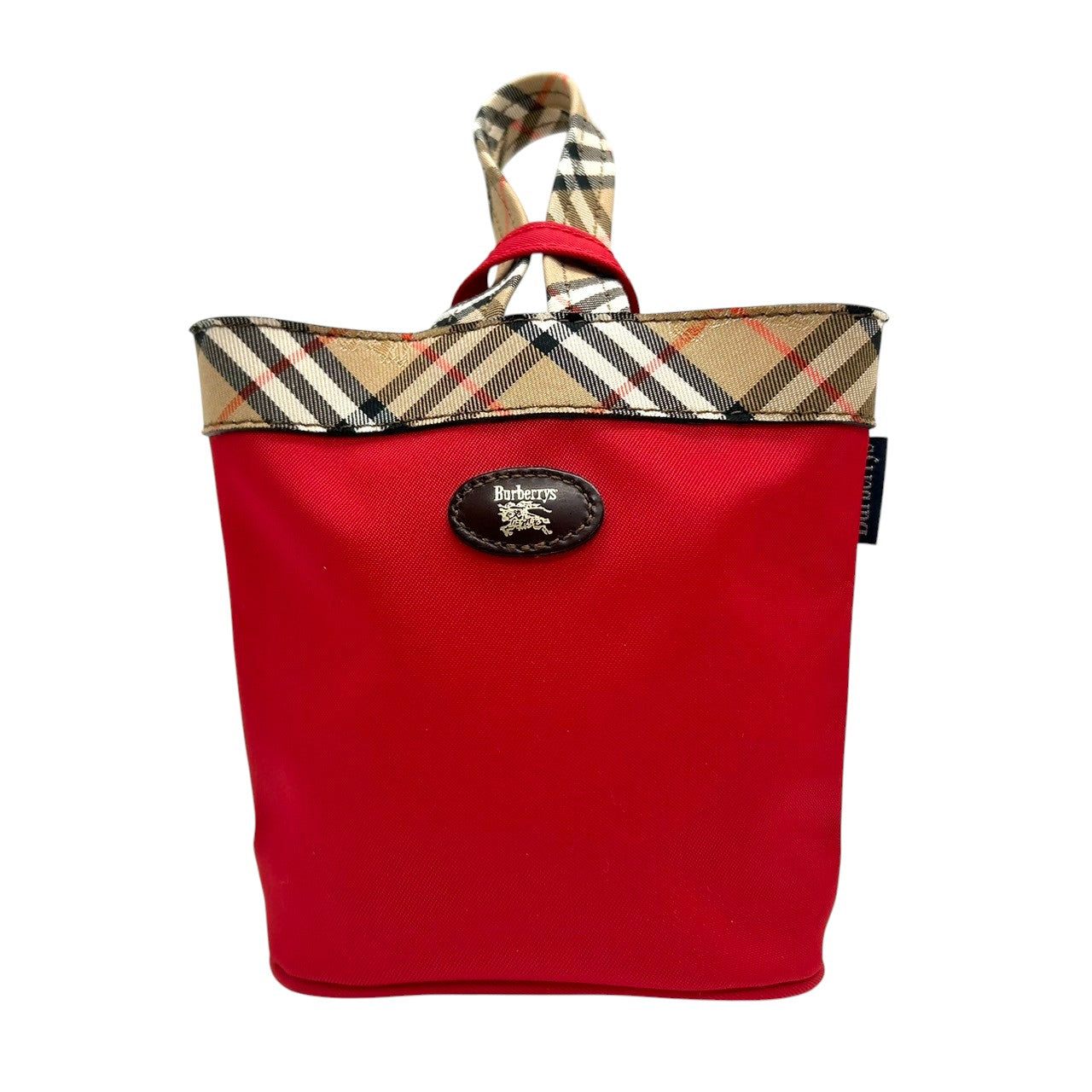 【未使用級】バーバリー BURBERRY ハンドバッグ ミニバッグ ポーチ ナイロン レザー ノバチェック レッド 赤 軽量 コンパクト コスメポーチ アクセサリーポーチ 小物入れ レディース 鞄 カバン パーティー s10