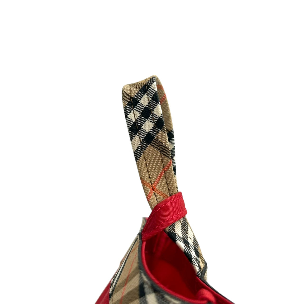 【未使用級】バーバリー BURBERRY ハンドバッグ ミニバッグ ポーチ ナイロン レザー ノバチェック レッド 赤 軽量 コンパクト コスメポーチ アクセサリーポーチ 小物入れ レディース 鞄 カバン パーティー s10