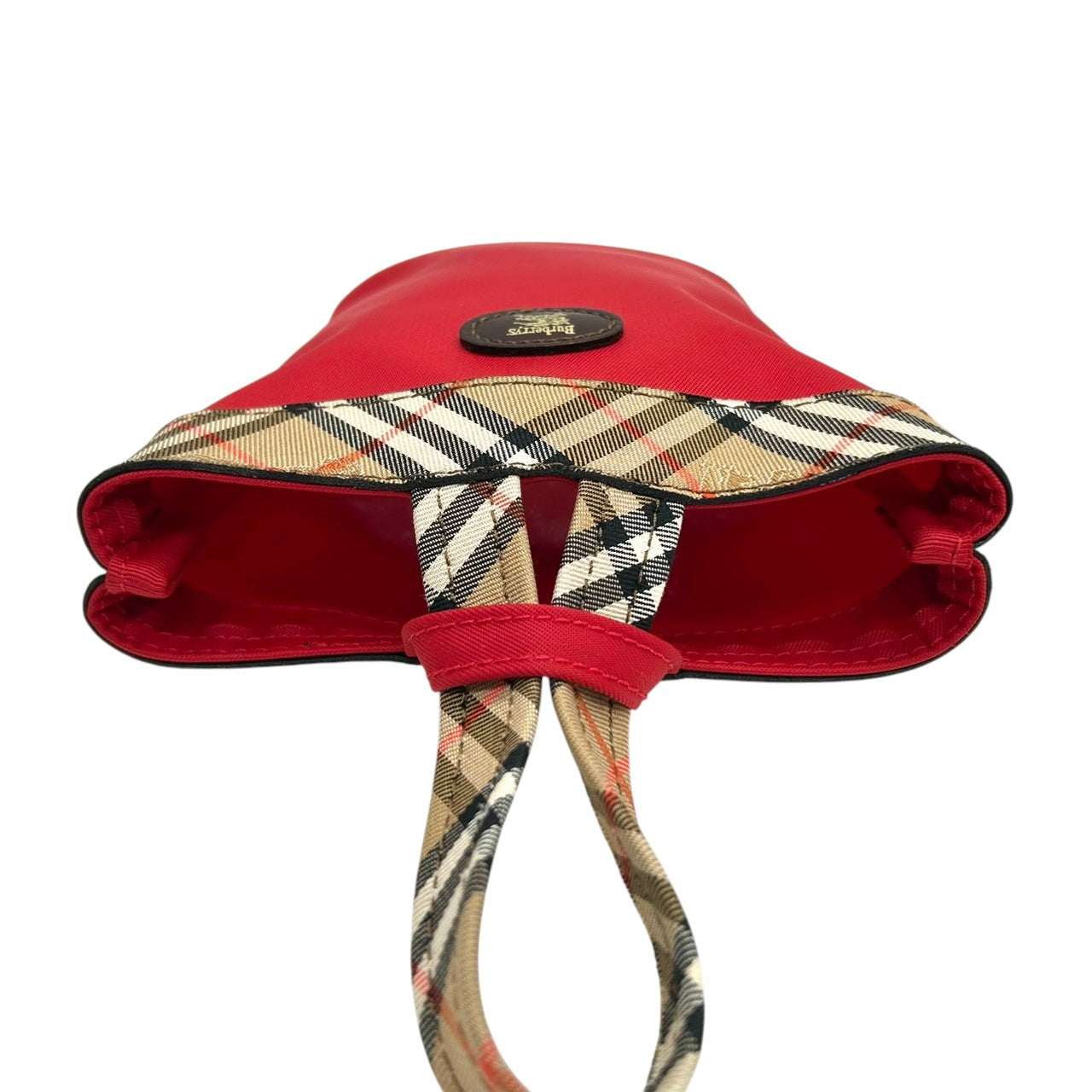 【未使用級】バーバリー BURBERRY ハンドバッグ ミニバッグ ポーチ ナイロン レザー ノバチェック レッド 赤 軽量 コンパクト コスメポーチ アクセサリーポーチ 小物入れ レディース 鞄 カバン パーティー s10