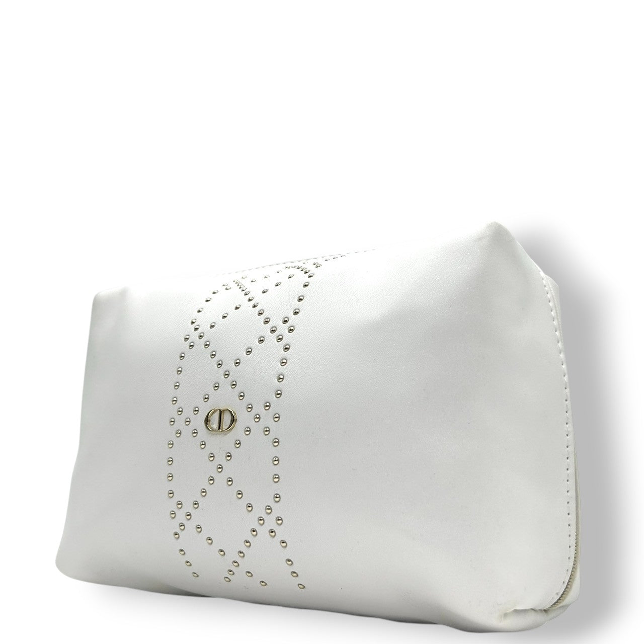 【美品】クリスチャン ディオール Christian Dior ポーチ メイクポーチ コスメポーチ 小物入れ ホワイト 白 レザー スタッズ CDロゴ ゴールド金具 エレガント シンプル ラグジュアリー レディース 鞄 カバン J