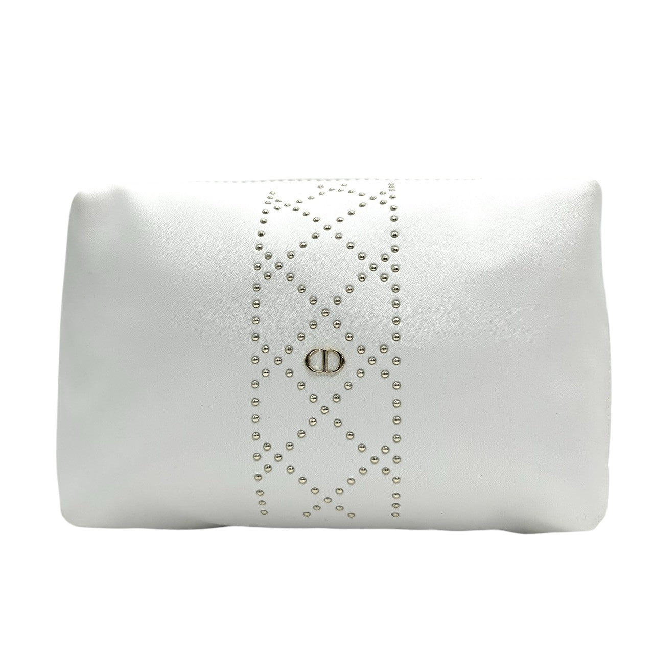 【美品】クリスチャン ディオール Christian Dior ポーチ メイクポーチ コスメポーチ 小物入れ ホワイト 白 レザー スタッズ CDロゴ ゴールド金具 エレガント シンプル ラグジュアリー レディース 鞄 カバン J