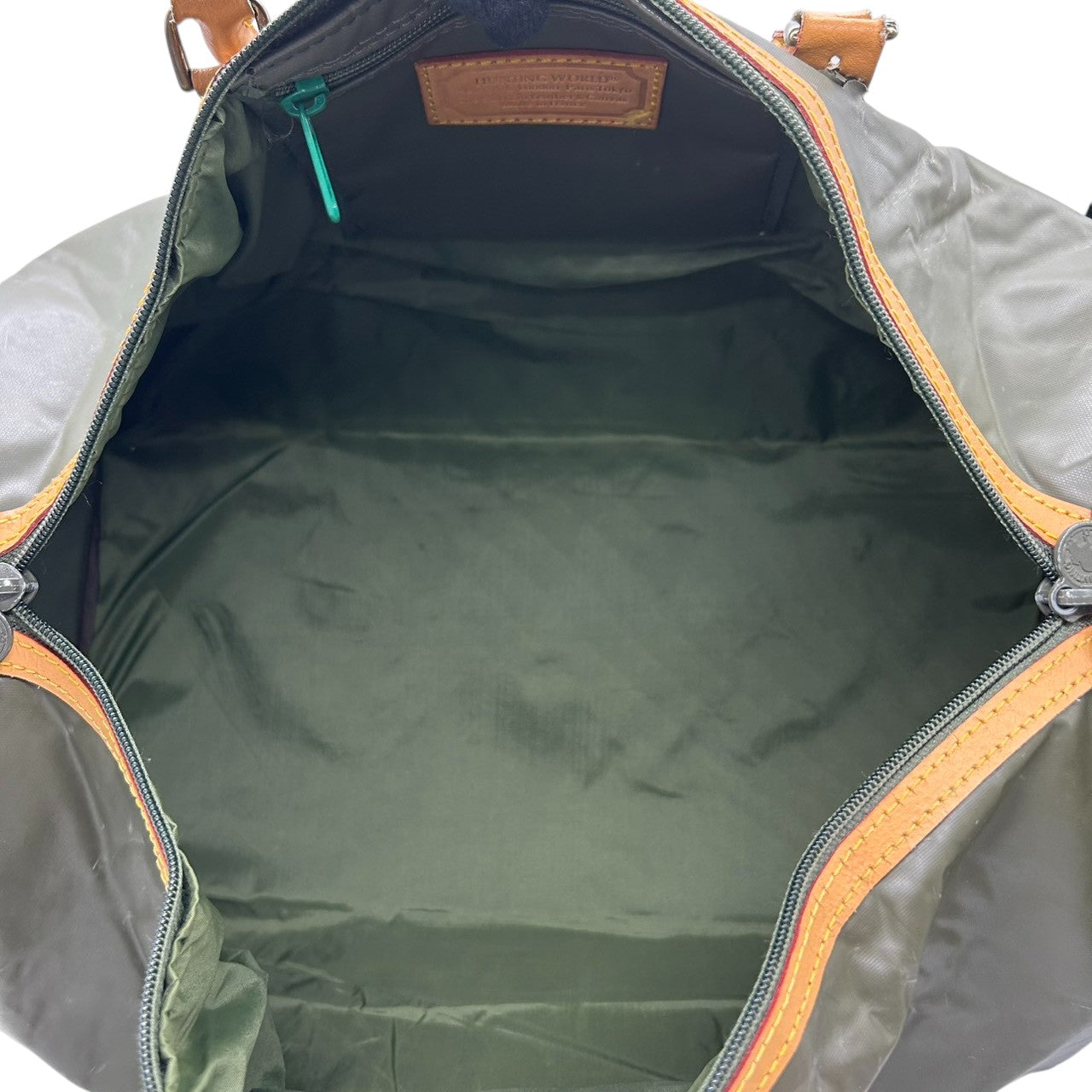 【良品】ハンティングワールド HUNTING WORLD ボストンバッグ 旅行鞄 ナイロン レザー カーキ グリーン ブラウン バイカラー ロゴ 大容量 2泊 3泊 ジム ゴルフ ヴィンテージ メンズ 紳士 鞄 カバン ショルダー欠品 X