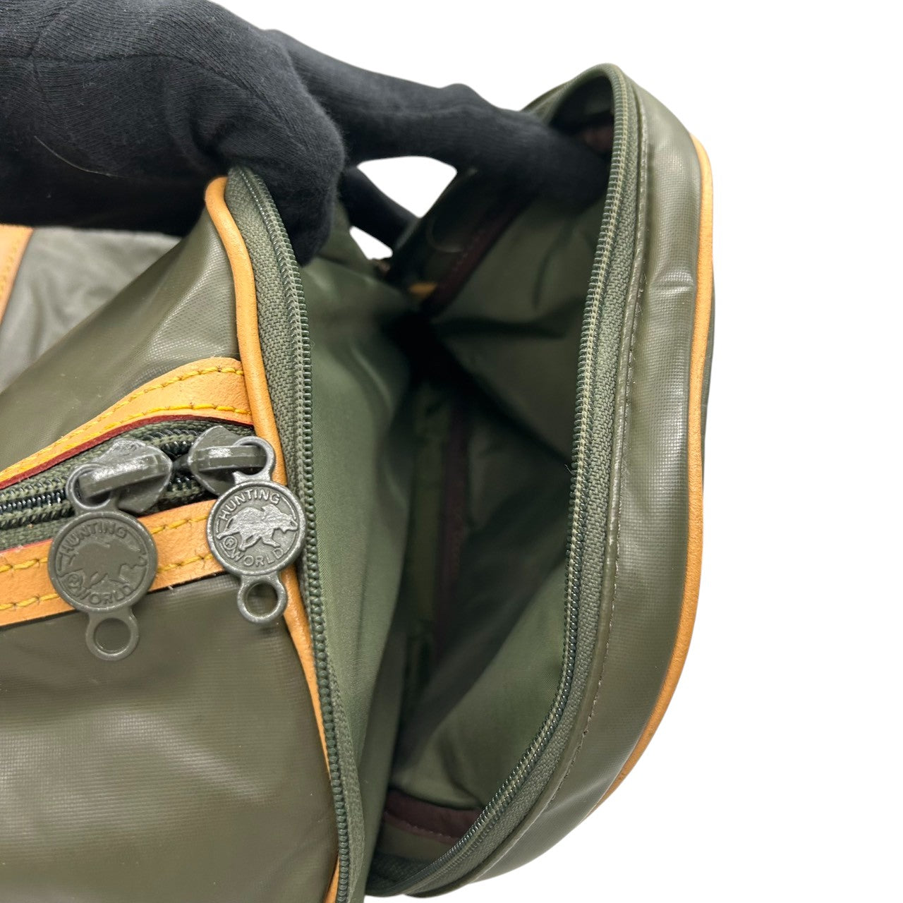 【良品】ハンティングワールド HUNTING WORLD ボストンバッグ 旅行鞄 ナイロン レザー カーキ グリーン ブラウン バイカラー ロゴ 大容量 2泊 3泊 ジム ゴルフ ヴィンテージ メンズ 紳士 鞄 カバン ショルダー欠品 X