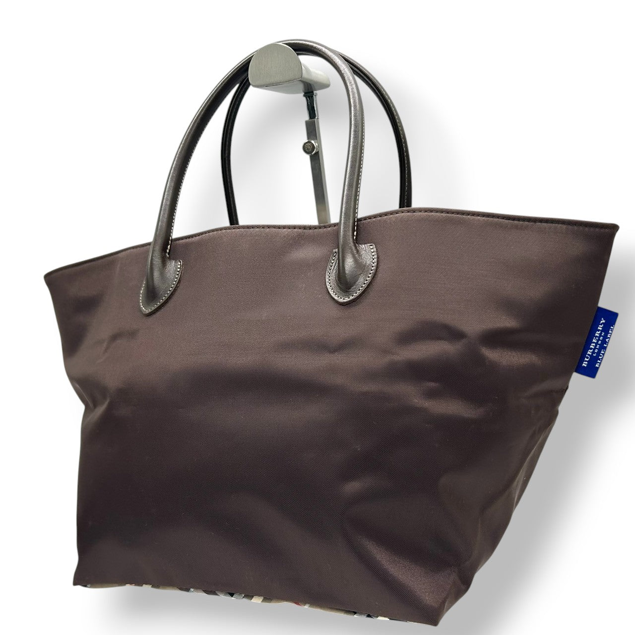 【美品】バーバリー ブルーレーベル BURBERRY トートバッグ ハンドバッグ ナイロン レザー ダークブラウン こげ茶 底チェック ノバチェック 舟型 軽量 大容量 マチ広 ランチバッグ カジュアル レディース 鞄 カバン s11