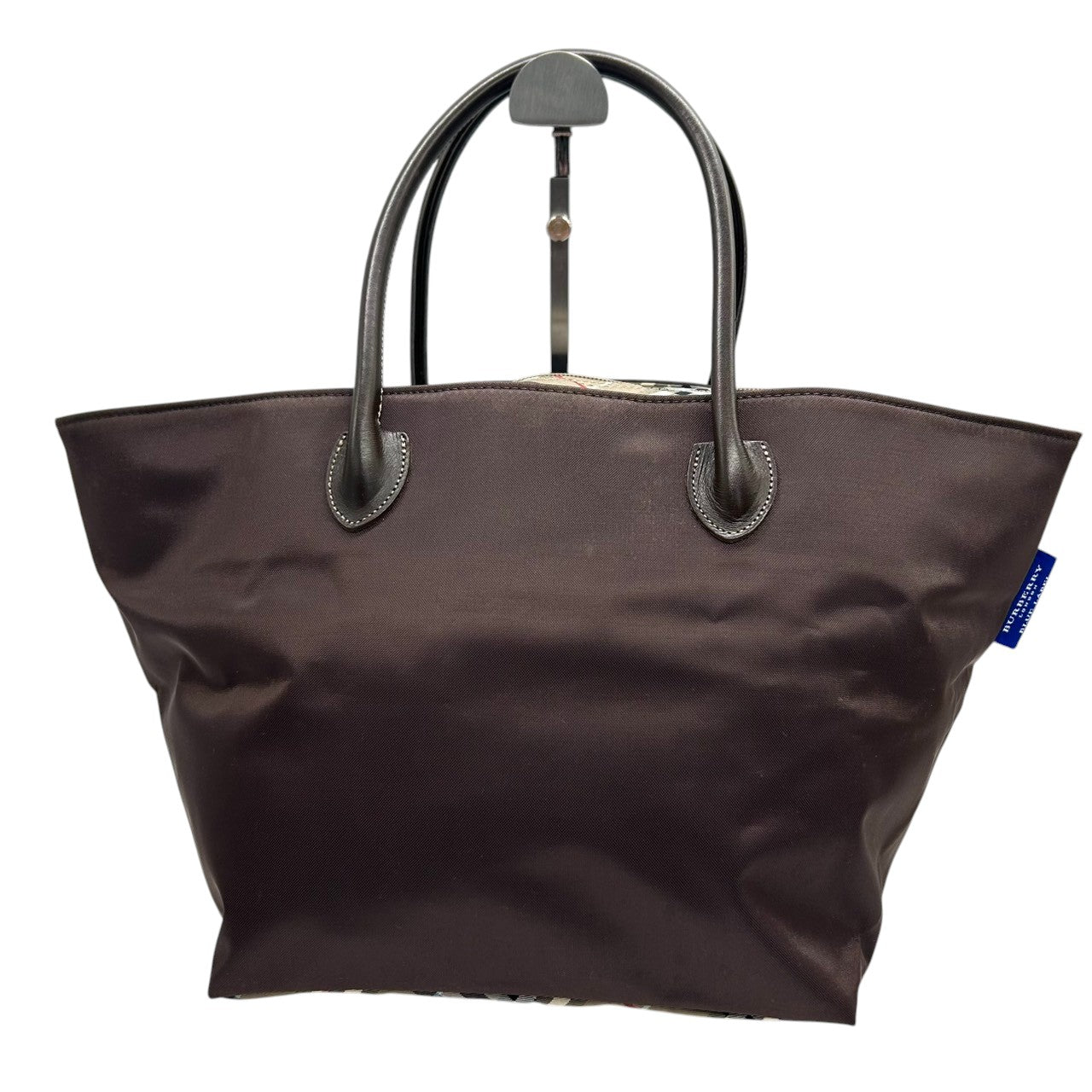 【美品】バーバリー ブルーレーベル BURBERRY トートバッグ ハンドバッグ ナイロン レザー ダークブラウン こげ茶 底チェック ノバチェック 舟型 軽量 大容量 マチ広 ランチバッグ カジュアル レディース 鞄 カバン s11