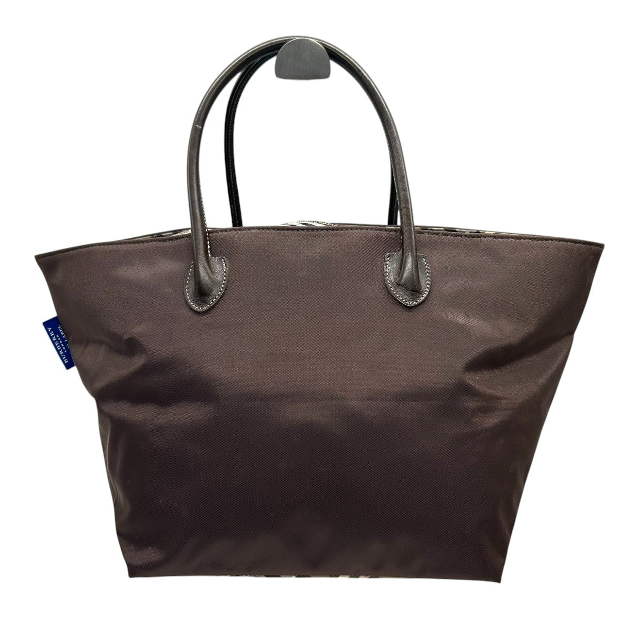 【美品】バーバリー ブルーレーベル BURBERRY トートバッグ ハンドバッグ ナイロン レザー ダークブラウン こげ茶 底チェック ノバチェック 舟型 軽量 大容量 マチ広 ランチバッグ カジュアル レディース 鞄 カバン s11