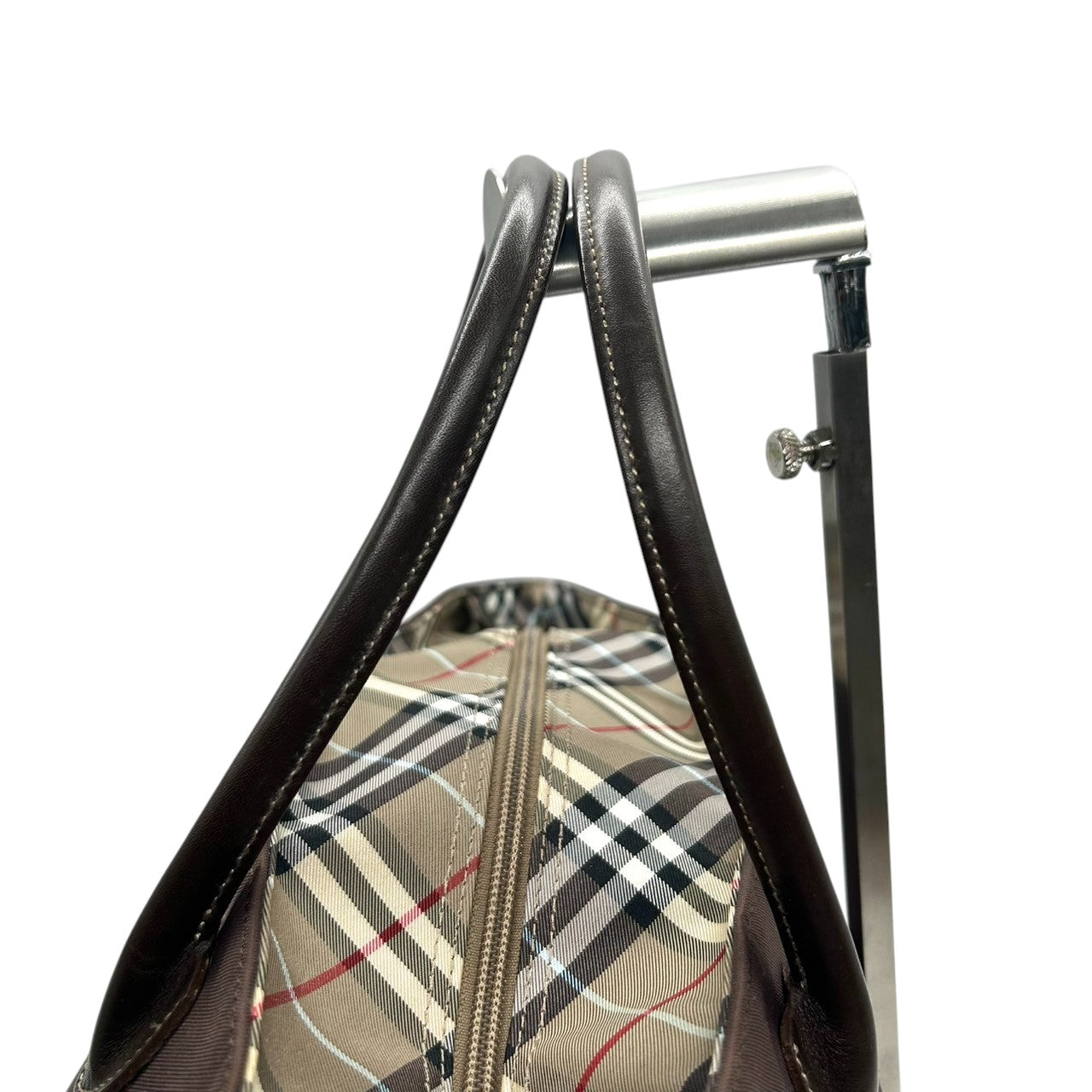 【美品】バーバリー ブルーレーベル BURBERRY トートバッグ ハンドバッグ ナイロン レザー ダークブラウン こげ茶 底チェック ノバチェック 舟型 軽量 大容量 マチ広 ランチバッグ カジュアル レディース 鞄 カバン s11