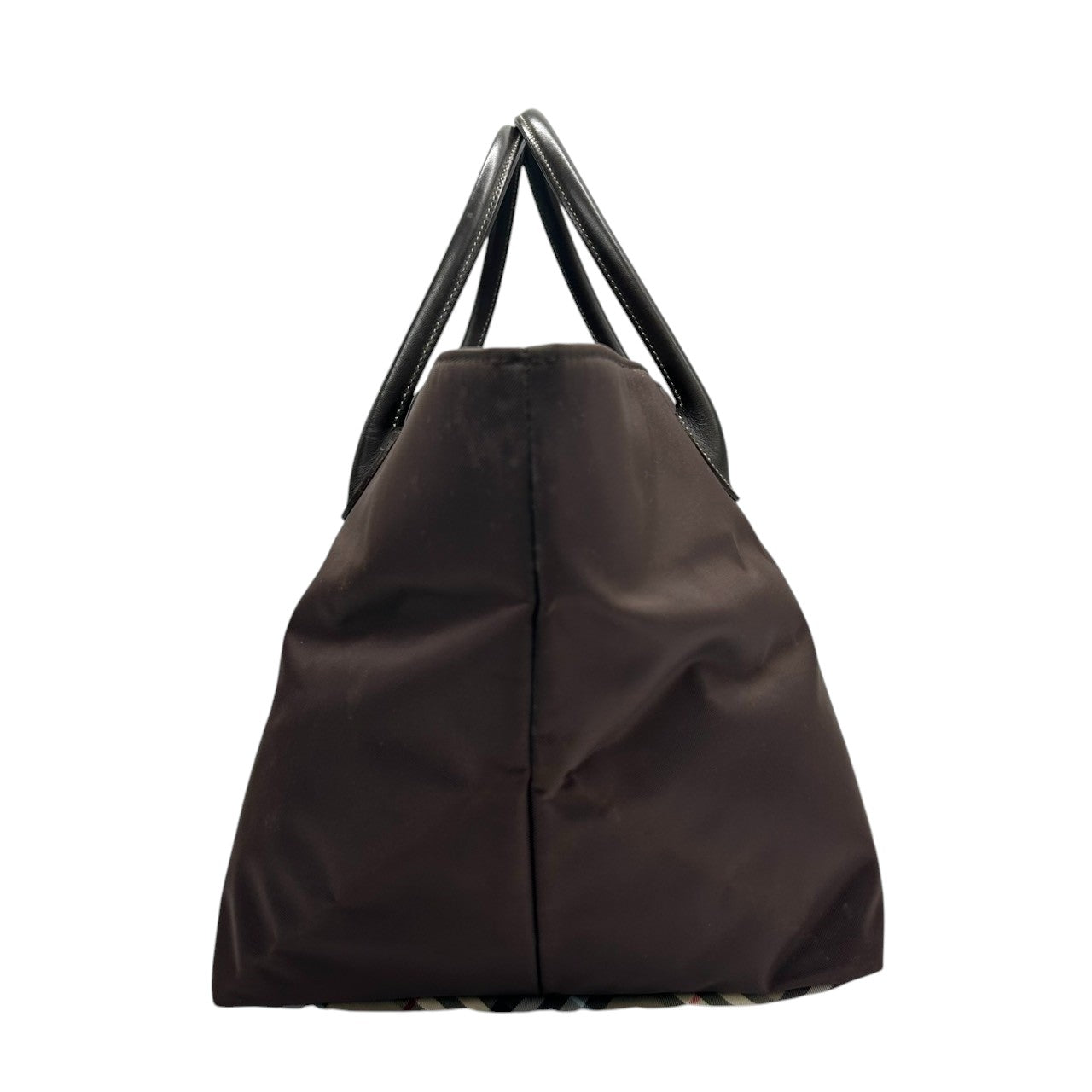 【美品】バーバリー ブルーレーベル BURBERRY トートバッグ ハンドバッグ ナイロン レザー ダークブラウン こげ茶 底チェック ノバチェック 舟型 軽量 大容量 マチ広 ランチバッグ カジュアル レディース 鞄 カバン s11