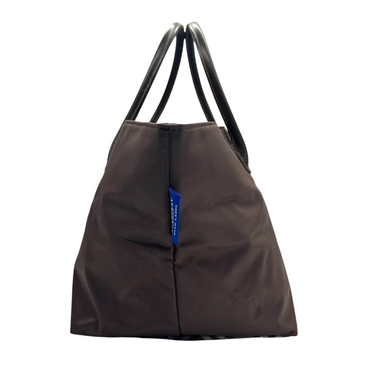 【美品】バーバリー ブルーレーベル BURBERRY トートバッグ ハンドバッグ ナイロン レザー ダークブラウン こげ茶 底チェック ノバチェック 舟型 軽量 大容量 マチ広 ランチバッグ カジュアル レディース 鞄 カバン s11